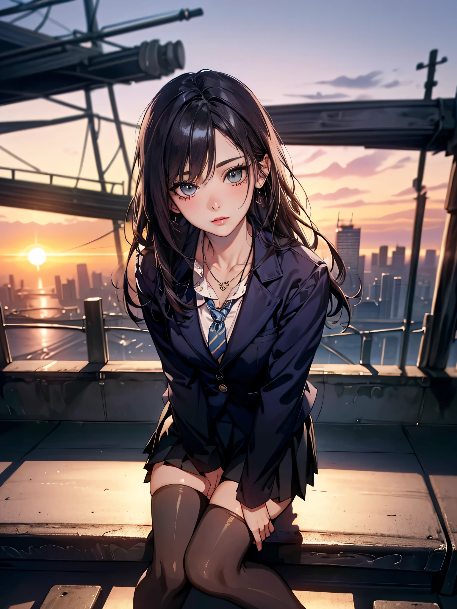 masterpiece, best quality, wallpaper, 1girl, long hair, black hair, sky blue eyes, hair accessories, cute, innocent, blazer, , no pants,  35 years old female, innocent, safe for work, wholesome, city streets, night, no undergarment visible, no panty, mature face, mature body, medium breast, sitting pose, front view, embarrassed face, squatting, front view, camera on front, face to face with the camera,