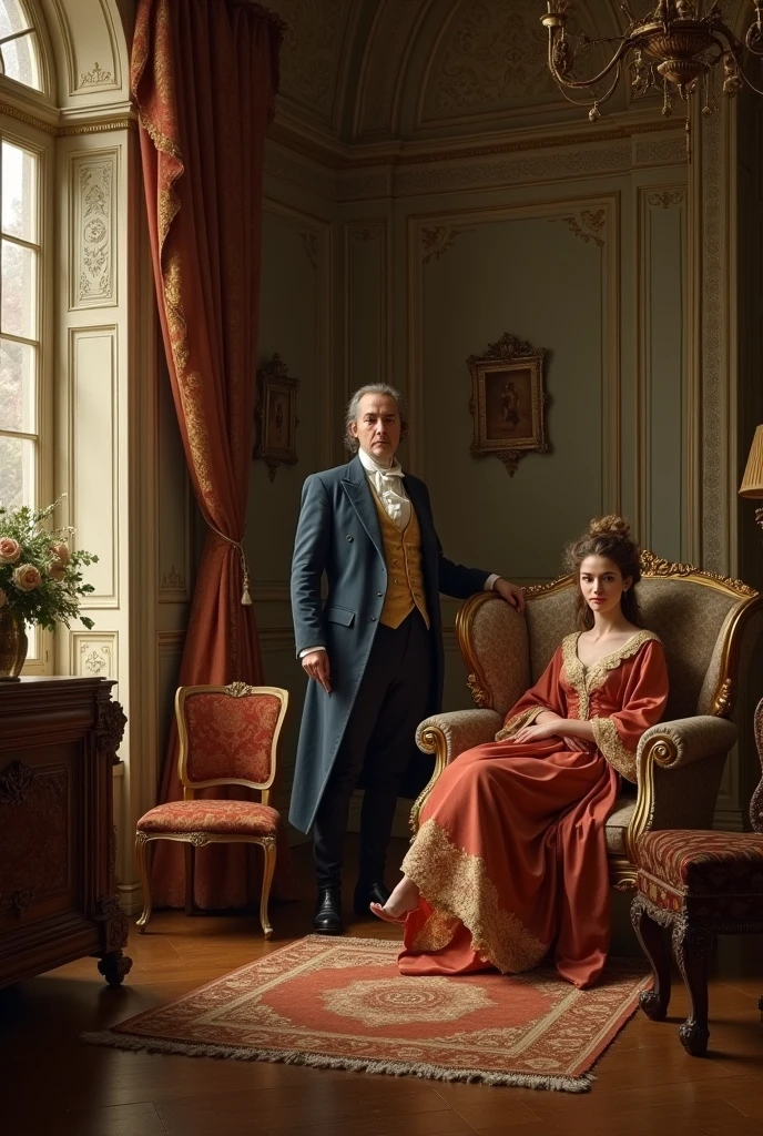 ((best quality)), ((masterpiece)), (detailed), 1 man and two women in a dramatic situation, one of them reclining on a vermillion-colored lounge chair dressed in silk fabrics, in a Renaissance room, the other woman She is standing next to her in a prayer position, the man has a bouquet of roses in one of his hands, golden composition, medium shot, with vibrant colors, baroque and Caravaggio painting style.