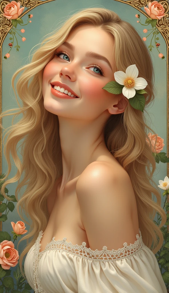 (bright, sunny) garden, (beautiful, detailed) eyes, (sweet and vibrant) red lips, (shimmering, flowing) golden hair, (pink, flowy) dress, (engaging, joyful) expression, (innocent, playful) atmosphere, (colorful, blooming) flowers, (soft, natural) lighting, (vivid, cheerful) colors, (portrait, oil painting) style, (ultra-detailed, realistic) rendering, (high-res, 4K), (professional, studio lighting), (sharp focus, bokeh), (captivating, joyful), (bright, warm) color tones, (lively, cheerful) atmosphere.