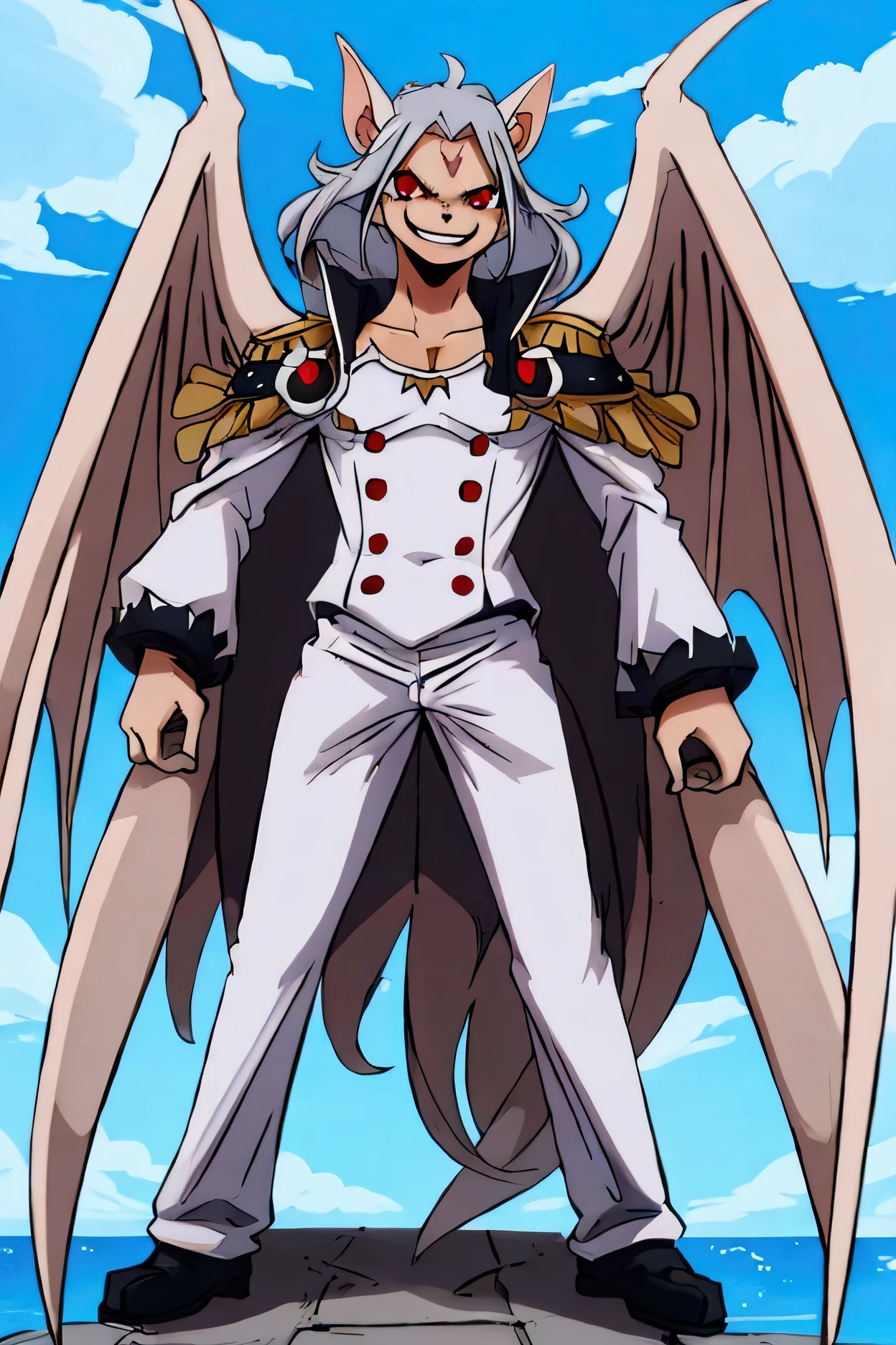 Male mink bat, alone, silvery brown short fur, white navy uniform based on one piece anime, aggressive pose, standing, both arms outstretched with open wings, scars on face, fierce facial expression, combat stance, on terrace of a ship, with a blue sky background, face with minimalist details, all the hair detailed in 8k., red eyes, bat ears, evil, evil smile, anime style, depth of field, best quality, 8k