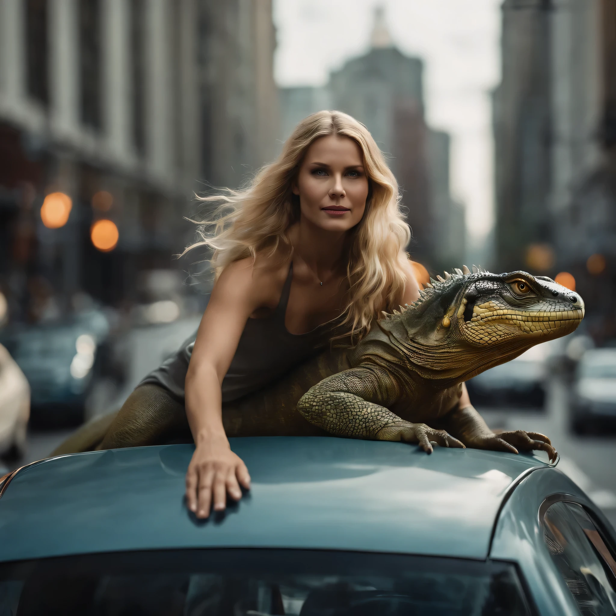 A beautiful woman with long blonde hair riding on a giant lizard through the city traffic photorealism,  hyper detailed 8k, detailed skin, mid- wide shot, low angle shot, absurdity,  unexpected,  vibrant,  life like