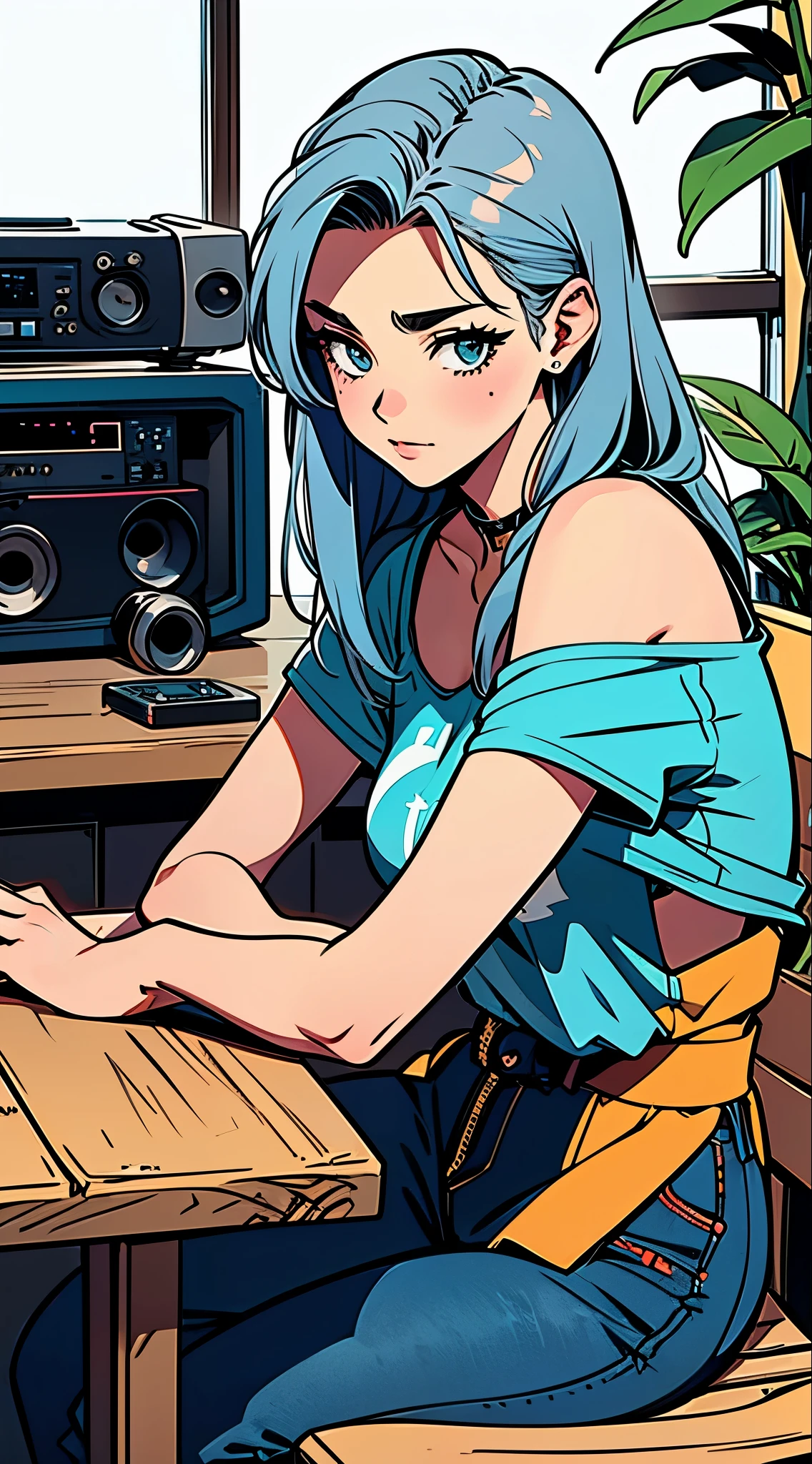 80's pop style, female, dark blue and silver hair color, loose permed hair, upper body, sitting with hands on wooden table, boom box in background, pachira plant,