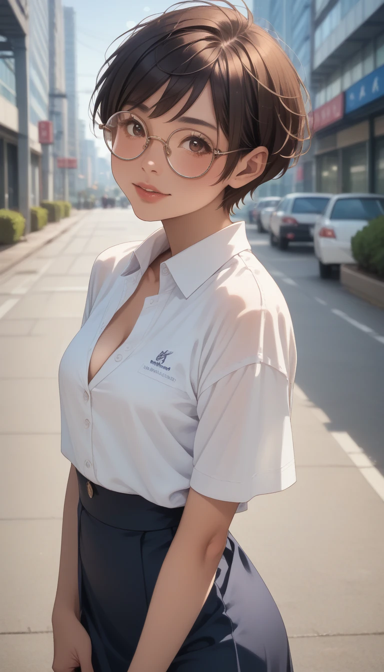 score_9, score_8_Excellent, score_7_Excellent, Realistic:1.2, realistic face and eyes:1.3, Realistic skin:1.3, Japanese idol photos, Beautiful young idol, 1, Perfect model body shape., tomboy, (very short hair, pixie cut, Black Hair), circle-glasses, (((Captivating beauty))), big eyes, double eyelid, Attractive eyes, Glossy Lips, perfect female body, Big Breasts:1.8, Cleavage, Firm stomach, belly button, Round ass:1.4, Toned thighs, Beautiful hands and feet, very good, Polo shirt, Mini skirt, Seductive pose, Tokyo, Skyscraper Background, Attention to detail, Anatomically correct, Textured skin, high quality