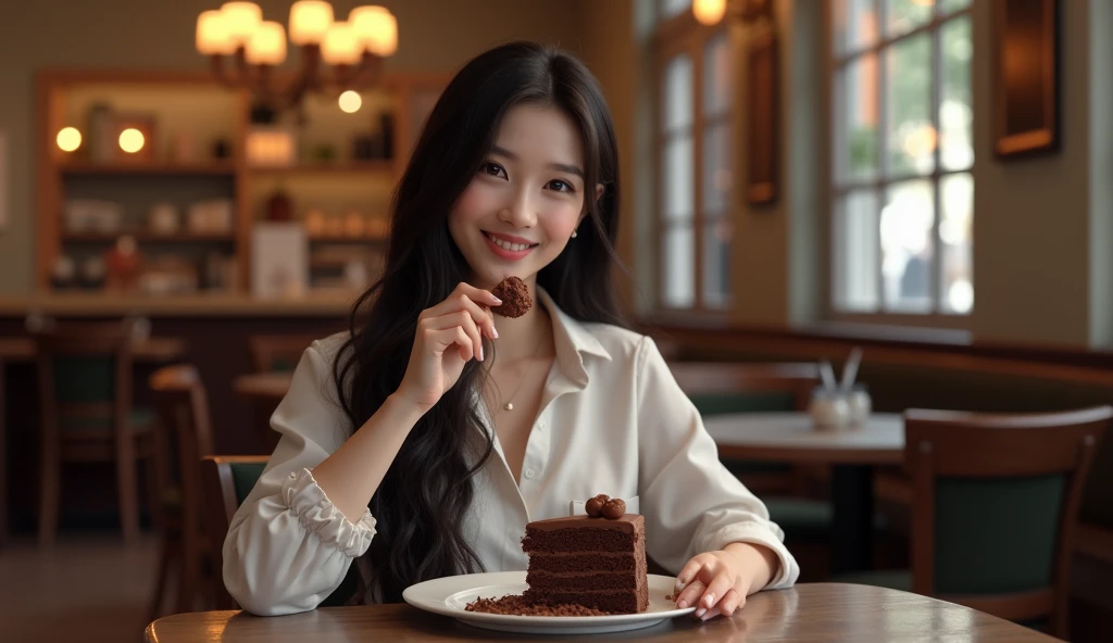 アニメ, cinematic lighting, ray tracing, negative space, uhd, masterpiece, accurate, super detail, high details, high quality, award winning, best quality, highres、A woman with long, dark hair in a white shirt and a long black skirt is happily eating chocolate cake in a cafe