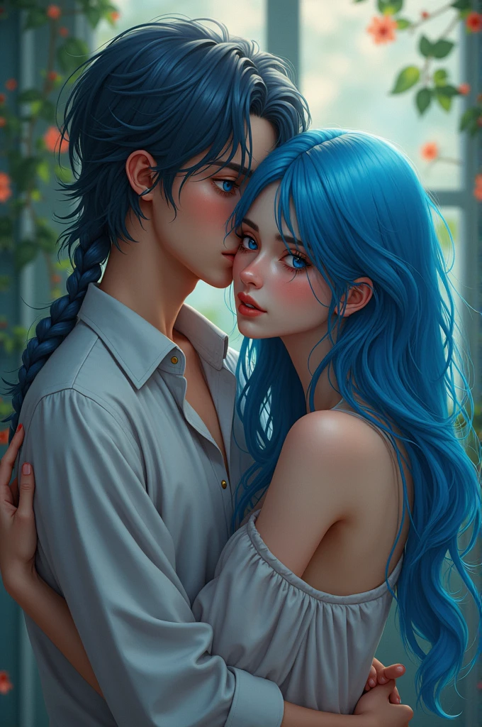 A man and a blue-haired woman licking each other's genitals