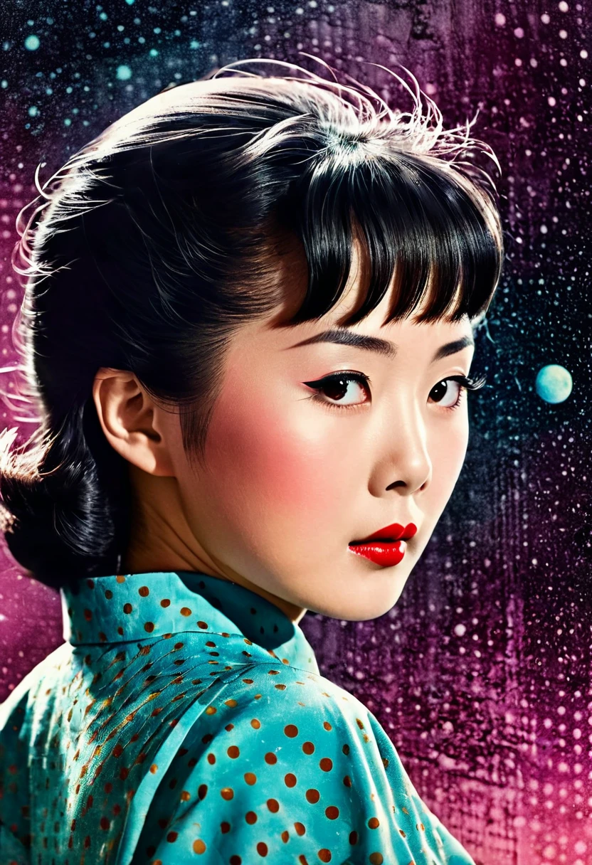 a vintage Sci-Fi movie poster with a japanese girl from the 1950s, - full color print, faded, halftone pattern. old film texture