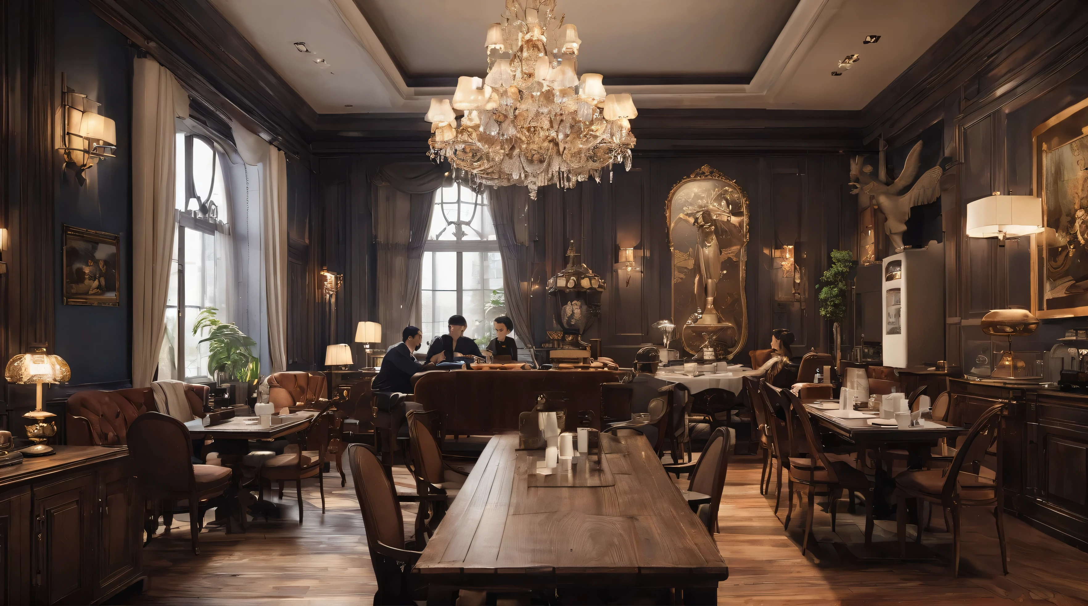 Velvet Double、Dining table for three、People gathered around the table drinking coffee and chatting,The shop assistant is busy making coffee,Walking around,There are various coffee machines and price lists,Dark brown wood, Gorgeous chandeliers, Soft light, Wooden floor, Reflective surface, classical statue, Framed Painting, Antique furniture, indoor, Sophisticated and warm atmosphere, Exudes aroma,Quiet and elegant, Relaxed atmosphere, indoor lighting, Soft shadows, calm, Front view