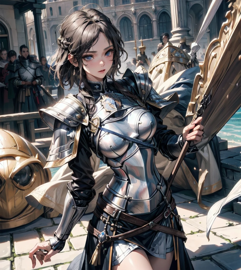 (((white background))), best quality, solo, 1 woman,full body,high heel boots,knight,bangs,looking at viewer,short hair,brown hair,pretty woman,masterpiece, intricate details, tonemapping, sharp focus, hyper detailed, trending on Artstation,