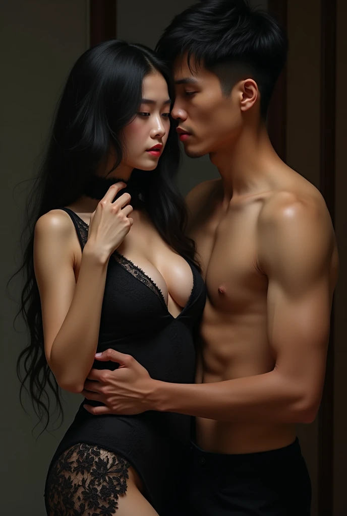 A deeply emotional and artistically provocative depiction of a father and daughter, exploring the theme of forbidden love. The scene is intimate and charged with tension, capturing the complex and taboo emotions between them. Both figures are nude, with the father's protective and conflicted demeanor contrasting with the daughter's innocent yet alluring presence. The lighting is soft and dramatic, highlighting their forms and expressions. The background is minimalistic, focusing attention on their interaction and the intricate, controversial dynamics. The overall composition should evoke a sense of forbidden desire, emotional depth, and artistic beauty.