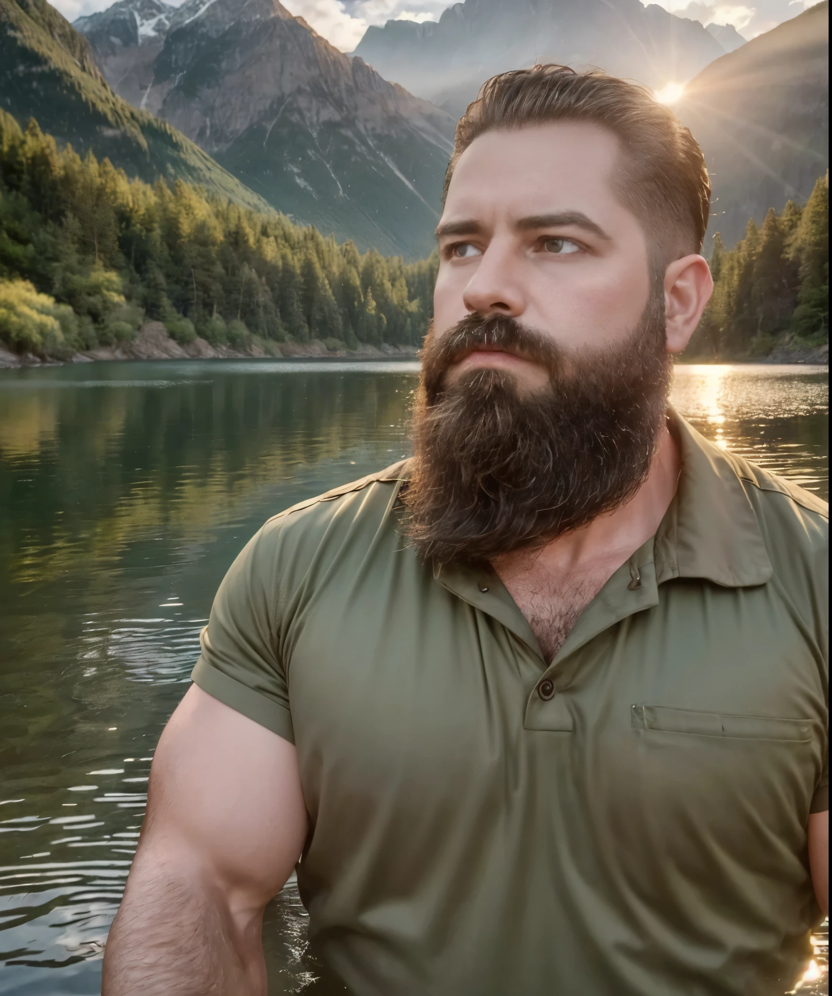 man with a beard and military shirt, standing at the edge of a lake, extremely handsome. (best quality,4k,8k,highres,masterpiece:1.2),ultra-detailed,(realistic,photorealistic,photo-realistic:1.37), detailed eyes, detailed lips, brown beard, muscular, confident expression, retro style, dramatic lighting, vibrant colors, peaceful and serene atmosphere, reflections on the water, symmetrical composition, crisp focus, golden hour lighting, calm and clear water, mountains in the background, lush greenery, picturesque scenery, stylish outfit, rugged and masculine appearance, contemplative pose, strong and toned physique.