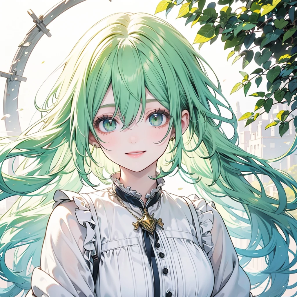 A woman in a green dress、Close-up of woman wearing necklace, guweiz style artwork, Realistic anime 3D style, Beautiful anime portrait, Anime realism style, Detailed portrait of anime girl, Beautiful character painting, author:Yang J, Stunning anime face portraits, Realistic anime art style, Portrait of anime girl, Beautiful anime style