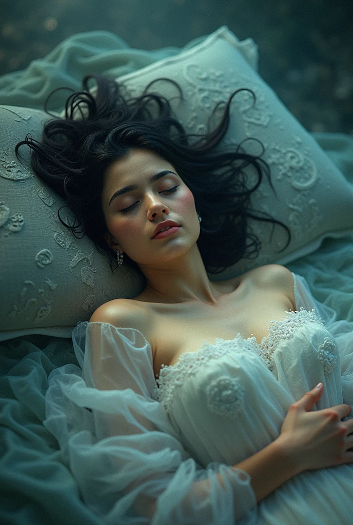An image to illustrate the following poem. Lizzand es de piel oscura and cabello negro:
Cuando Lizzand duerme
sueña con espejos que se abren
como puertas en la oscuridad.
Los que se han ido miran a través
and ella sabe que la observan
con ternura.
One night, ando también cruzaré el espejo,
and, in silence, I will braid her hair, One by one,
Until the light of day discovers us together In this or another world.