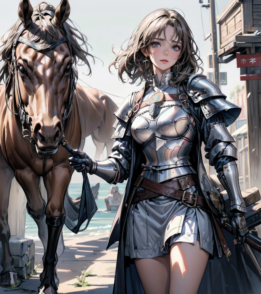 Ultra-realistic, 4k, beautiful woman, brown hair, short hair, wine-red armor, on horseback, big spear, clear eyes, cute face, realistic, realistic, ultra-clear, war, epic battlefield