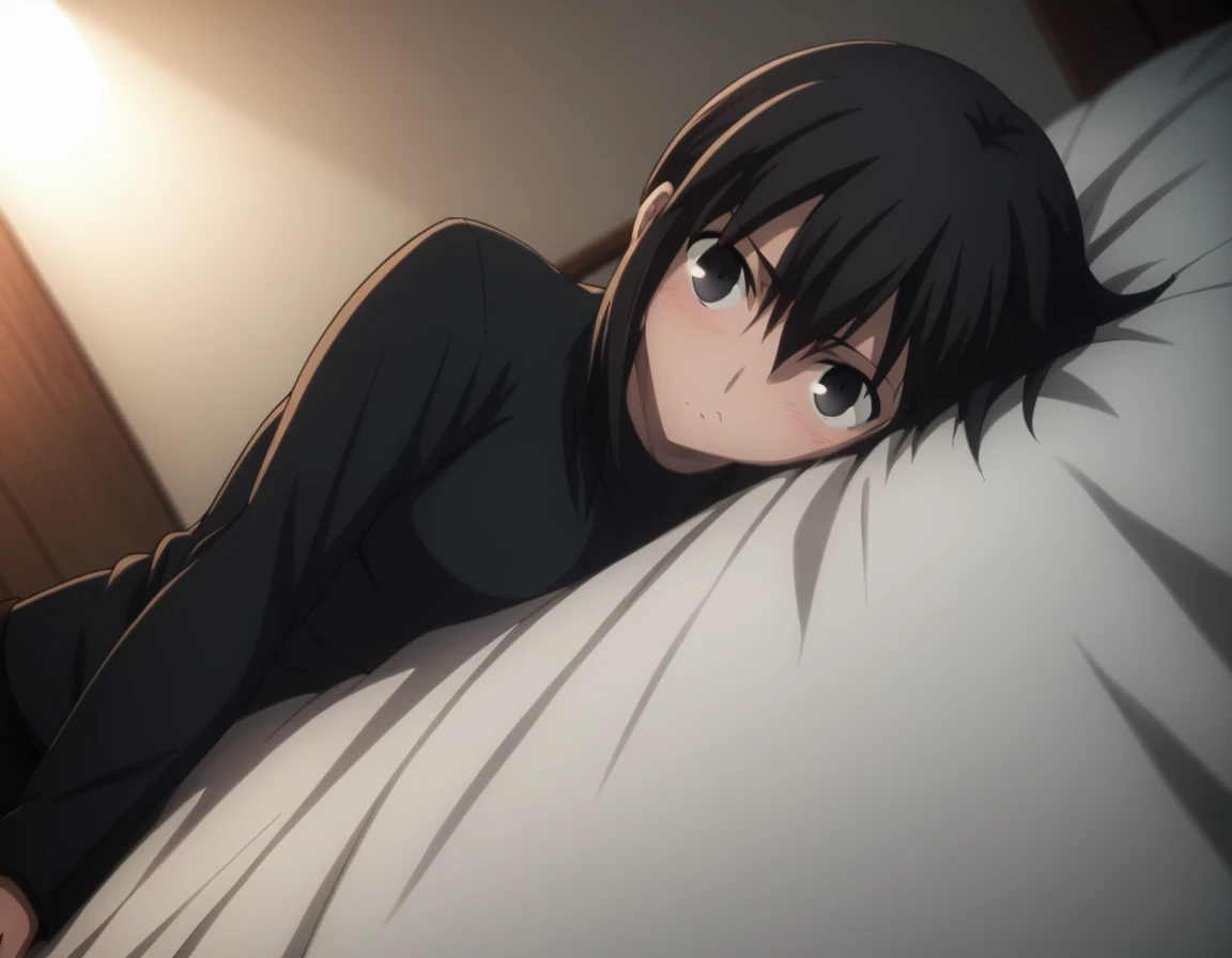 sauce_anime, ambient light,
fsn_ubw_style, 1girl ,tall girl, straight hair ,pony tail hair, black hair, deep black eyes, squinting, hair between eyes, perfect eyes , Perfect face, expressive eyes, close up face:0.2 ,  
(undress black shirt),,suit black pants, (slender body), slim body,
indoors, bed, realistic bed room, on side, ,
cowboy shot, looking at viewer, solo, dutch angle, blush, medium breast, 