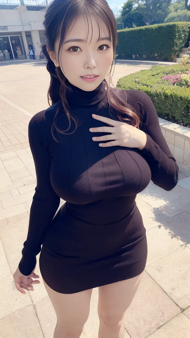 黒いturtleneckのセーターを着た日本女性、 (((masterpiece))), ((Highest quality)), ((Intricate details)), (((超Realistic)), irrational solution, Near and far, Very detailed, Realistic, 1 girl, ((Big Breasts)), Cleavage、Perfect hands, Finger details, Beautiful and detailed, Long Hair, Curly Hair, Brown eyes,(Knitted dress、turtleneck:1.2), Tight Skirt, Detailed Background, choker, Perfect Eyes, Captivating eyes, Looking at the audience, from the front、Laughter、Moles around the mouth、garden、Date