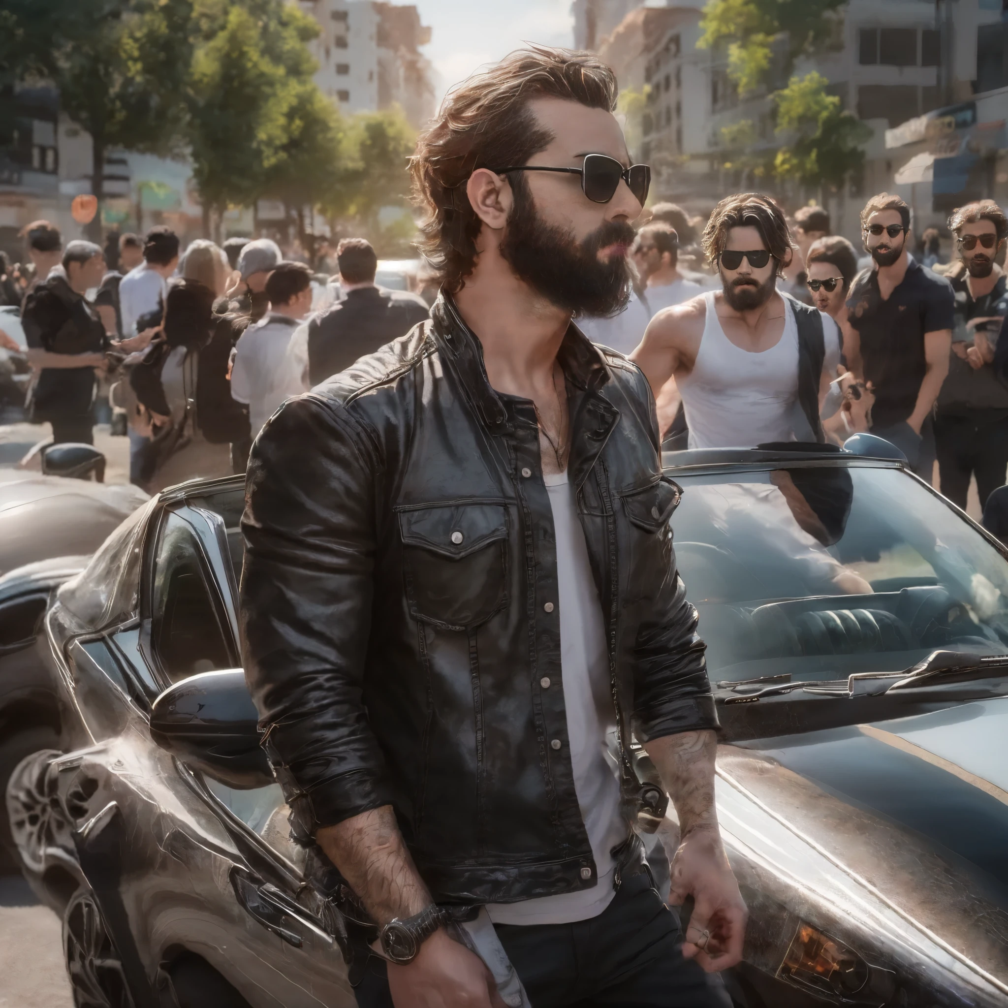 {
"prompt": "a 3 man, with beard and sunglasses, appears as the protagonist in a scene from the &#39;Fast and Furious&#39; Saga. It is a medium shot focusing on the upper part of the body. It is in the middle of a busy street in a modern city, surrounded by high-end sports cars and large displacement motorcycles. The man is dressed in a black leather jacket and a white t-shirt, sporting a defiant and confident attitude. the sun shines brightly, creating reflections in the cars and an atmosphere full of adrenaline. At the bottom, you can see skyscrapers and a crowd of people watching the scene."
}