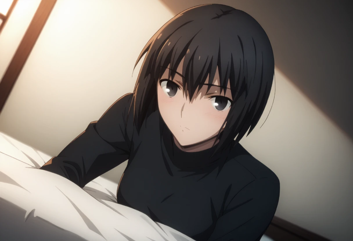 sauce_anime, ambient light,
fsn_ubw_style, 1girl ,tall girl, straight hair ,bob cut hair, black hair, deep black eyes, squinting, hair between eyes, perfect eyes , Perfect face, expressive eyes, close up face:0.2 ,  
(undress black shirt),,suit black pants, (slender body), slim body,
indoors, bed, realistic bed room, on side, ,
cowboy shot, looking at viewer, solo, dutch angle, blush, medium breast, 