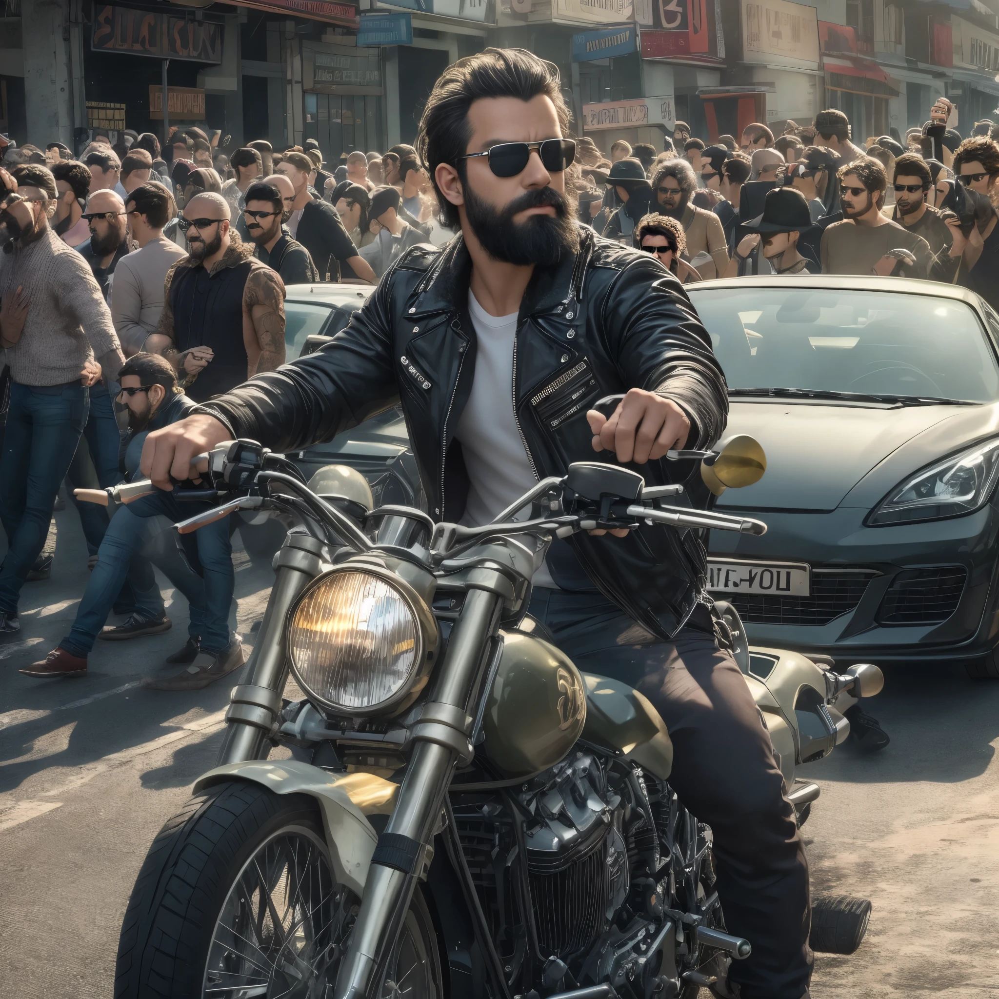 {
"prompt": "a 3 man, with beard and sunglasses, appears as the protagonist in a scene from the &#39;Fast and Furious&#39; Saga. It is a medium shot focusing on the upper part of the body. It is in the middle of a busy street in a modern city, surrounded by high-end sports cars and large displacement motorcycles. The man is dressed in a black leather jacket and a white t-shirt, sporting a defiant and confident attitude. the sun shines brightly, creating reflections in the cars and an atmosphere full of adrenaline. At the bottom, you can see skyscrapers and a crowd of people watching the scene."
}