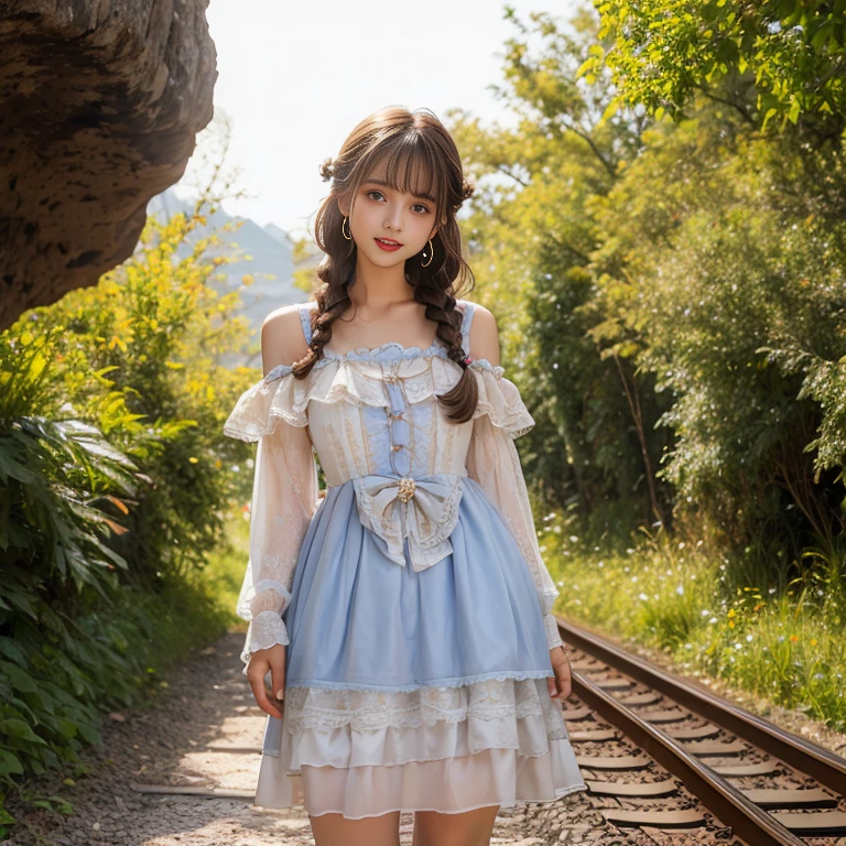 laughing out loud，knee shot, The background is the railroad tracks，There is a cave at the end of the track，A girl stands next to the railroad tracks，1 female, light brown hair, blunt bangs, hair behind ears, Shoulder-length hair, long hair, braided hair，Slender body type, 超face slimming型, face slimming, delicate lips, beautiful eyes, Thin blush, Eyes are light brown,View here, (actual:1.3), One person's perspective, 8k, Super detailed, high quality, best quality, High resolution，2, above knee shot, Breasts can be seen protruding under clothes，Big 