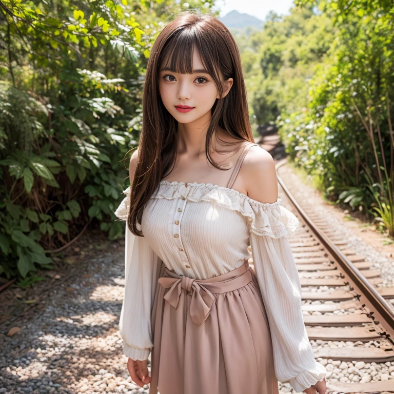 laughing out loud，knee shot, The background is the railroad tracks，There is a cave at the end of the track，A girl stands next to the railroad tracks，1 female, light brown hair, blunt bangs, hair behind ears, Shoulder-length hair, long hair, Slender body type, 超face slimming型, face slimming, delicate lips, beautiful eyes, Thin blush, Eyes are light brown,View here, (actual:1.3), One person's perspective, 8k, Super detailed, high quality, best quality, High resolution，2, above knee shot, Breasts can be seen protruding under clothes，Big 