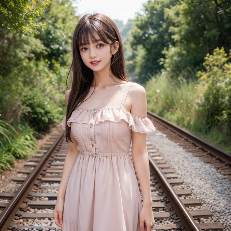 laughing out loud，knee shot, The background is the railroad tracks，There is a cave at the end of the track，A girl stands next to the railroad tracks，1 female, light brown hair, blunt bangs, hair behind ears, Shoulder-length hair, long hair, Slender body type, 超face slimming型, face slimming, delicate lips, beautiful eyes, Thin blush, Eyes are light brown,View here, (actual:1.3), One person's perspective, 8k, Super detailed, high quality, best quality, High resolution，2, above knee shot, Breasts can be seen protruding under clothes，Big 