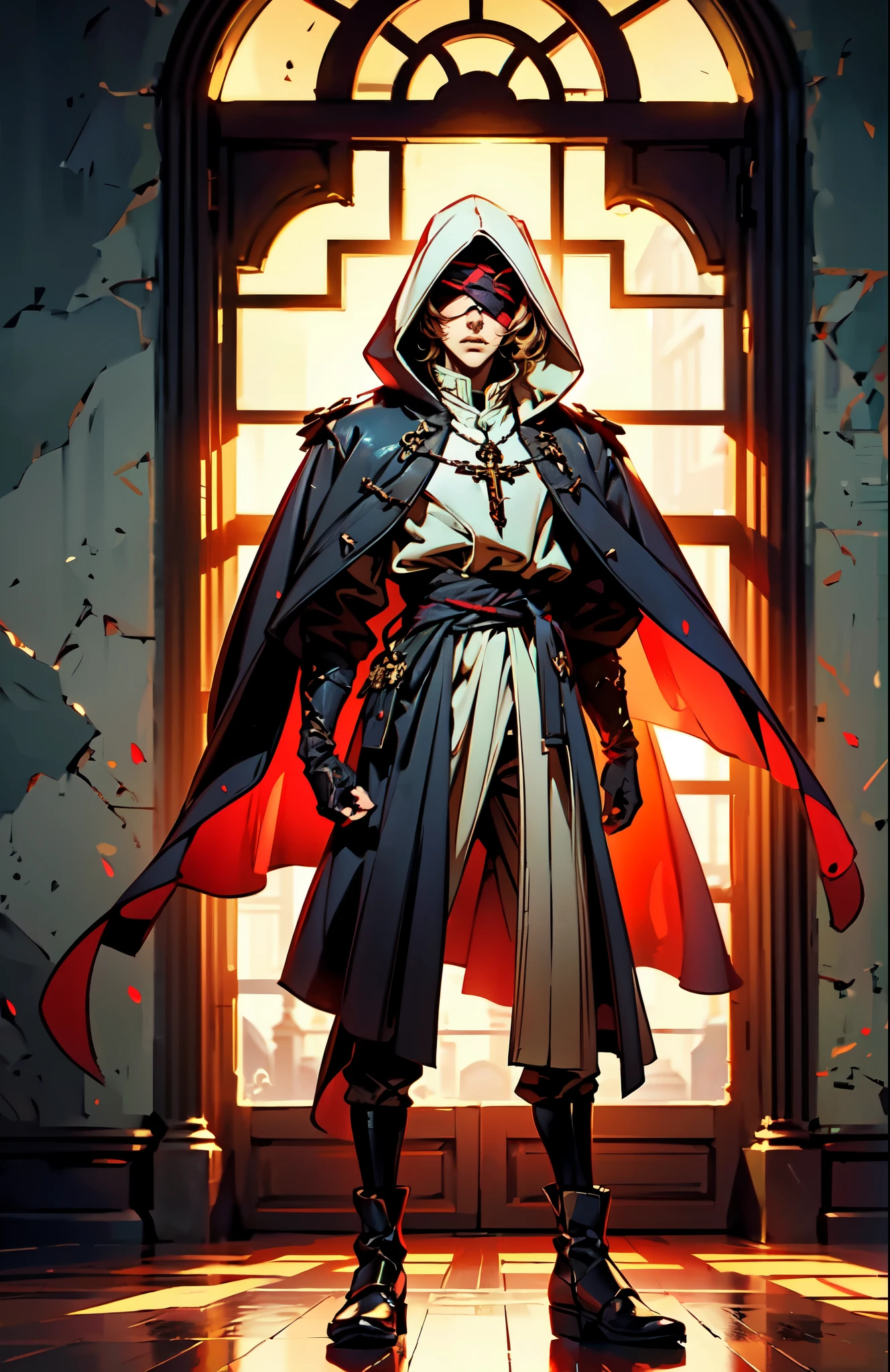 (masterpiece:1.2, best quality:1.2, extremely delicate:1.2), ((male:1.5)), a grown man with spiky brown hair, side-parted bangs, (Red blindfold:1.5), a resigned expression, a fantasy-realism style black hooded coat, a tattered gray robe underneath, cloth shoes, he stands within a Medieval Futurism-style temple, this character embodies a finely crafted Medieval Futurism-style priest in anime style, exquisite and mature manga art style, dramatic, high definition, highres, ultra-detailed, ultra-fine painting, professional, perfect body proportions, golden ratio, anatomically correct, symmetrical face, extremely detailed eyes and face, high quality eyes, creativity, RAW photo, UHD, 32k, Natural light, cinematic lighting, (masterpiece-anatomy-perfect:1.2)