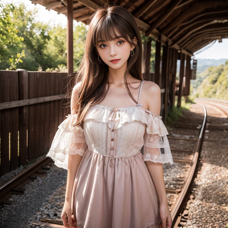 laughing out loud，knee shot, The background is the railroad tracks，There is a cave at the end of the track，A girl stands next to the railroad tracks，1 female, light brown hair, blunt bangs, hair behind ears, Shoulder-length hair, long hair, Slender body type, 超face slimming型, face slimming, delicate lips, beautiful eyes, Thin blush, Eyes are light brown,View here, (actual:1.3), One person's perspective, 8k, Super detailed, high quality, best quality, High resolution，2, above knee shot, Breasts can be seen protruding under clothes，Big 