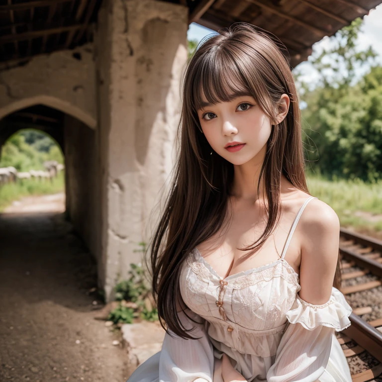 laughing out loud，knee shot, The background is the railroad tracks，There is a cave at the end of the track，A girl stands next to the railroad tracks，1 female, light brown hair, blunt bangs, hair behind ears, Shoulder-length hair, long hair, Slender body type, 超face slimming型, face slimming, delicate lips, beautiful eyes, Thin blush, Eyes are light brown,View here, (actual:1.3), One person's perspective, 8k, Super detailed, high quality, best quality, High resolution，2, above knee shot, Breasts can be seen protruding under clothes，Big 