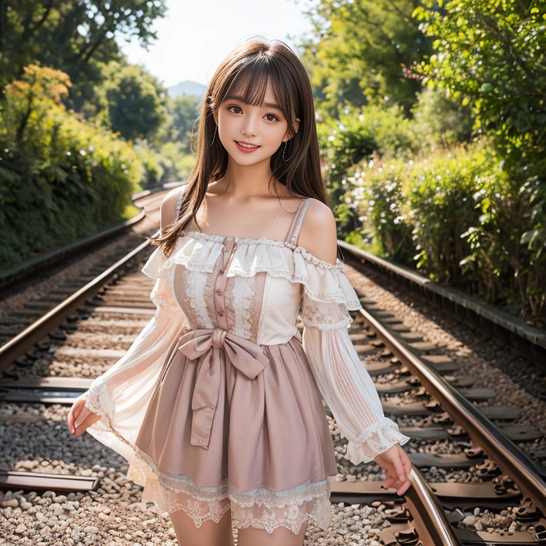 laughing out loud，knee shot, The background is the railroad tracks，There is a cave at the end of the track，A girl stands next to the railroad tracks，1 female, light brown hair, blunt bangs, hair behind ears, Shoulder-length hair, long hair, Slender body type, 超face slimming型, face slimming, delicate lips, beautiful eyes, Thin blush, Eyes are light brown,View here, (actual:1.3), One person's perspective, 8k, Super detailed, high quality, best quality, High resolution，2, above knee shot, Breasts can be seen protruding under clothes，Big 