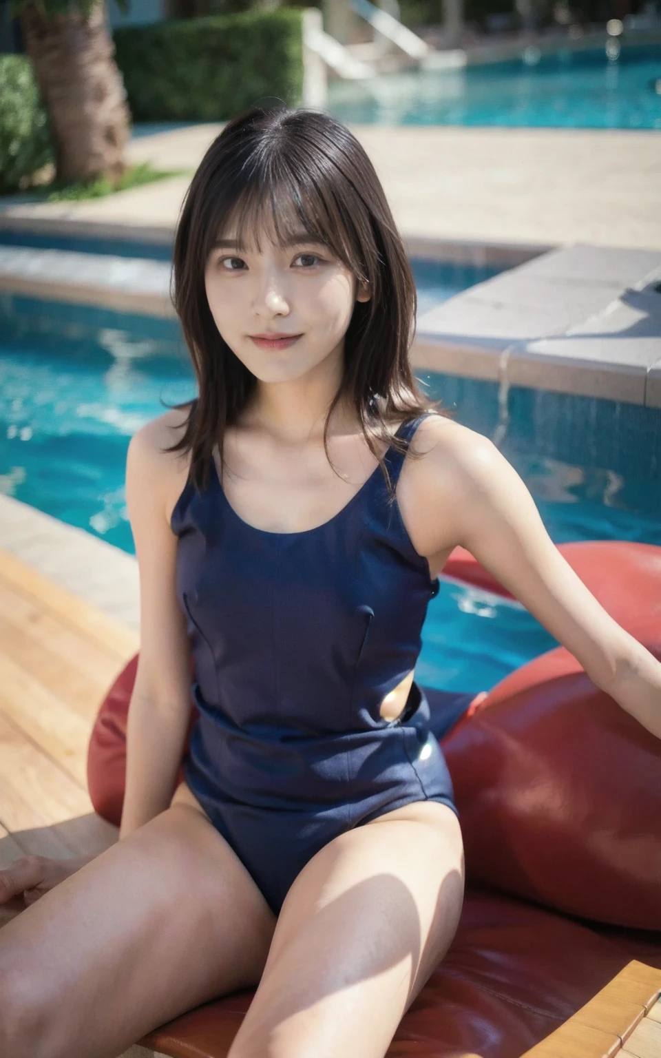 black and white one piece swimsuit, (Photo Real:1.4), (hyper Realistic:1.4), (Realistic:1.3), (Smooth lighting:1.05), (Improve the quality of your video lighting:0.9), 1 female, 26-year-old woman, Realistic lighting, Backlight, Facial Light, Ray Tracing, (Cheerfulness:1.2), (Improved image quality:1.4), (Highest quality real texture skins), Detailed, Small face, Red cheeks, Skinny body, Big Breasts,9 heads,Beautiful legs,Pointed jaws, Korean Idol, Nogizaka idol, Glowing Skin, Burning idol pose, By the pool, Blunt bangs, Light brown hair, Hair behind the ear, Hair that falls over the shoulders, Long Hair,Tear bags