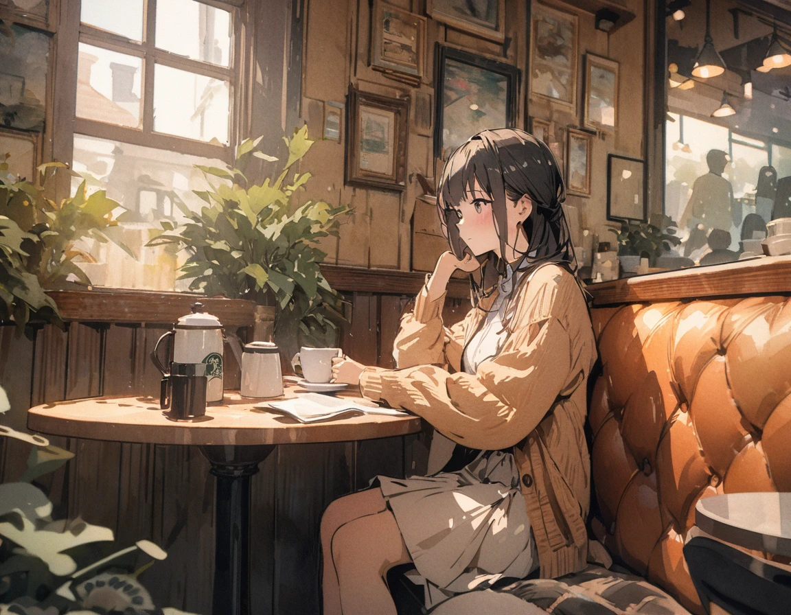 masterpiece,最high quality,Very detailed,High resolution backgrounds,8k,high quality,break,Manga Style, sketch, Watercolor Colors,Cafe with a nice atmosphere,antique interior,Stylish interior,is sitting,slowly,relax,coffee, 