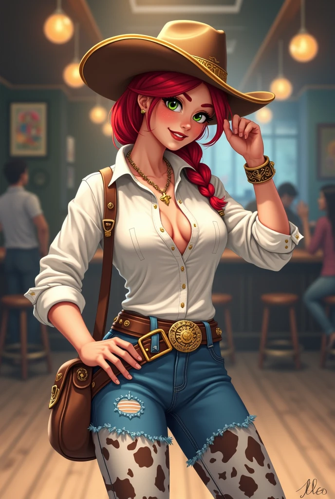 1girl, 2, twin braids, bust, solo, décolletage, cowboy hat, large bust, smile, long hair, red hair, upper body, looking at viewer, moon, choker, night