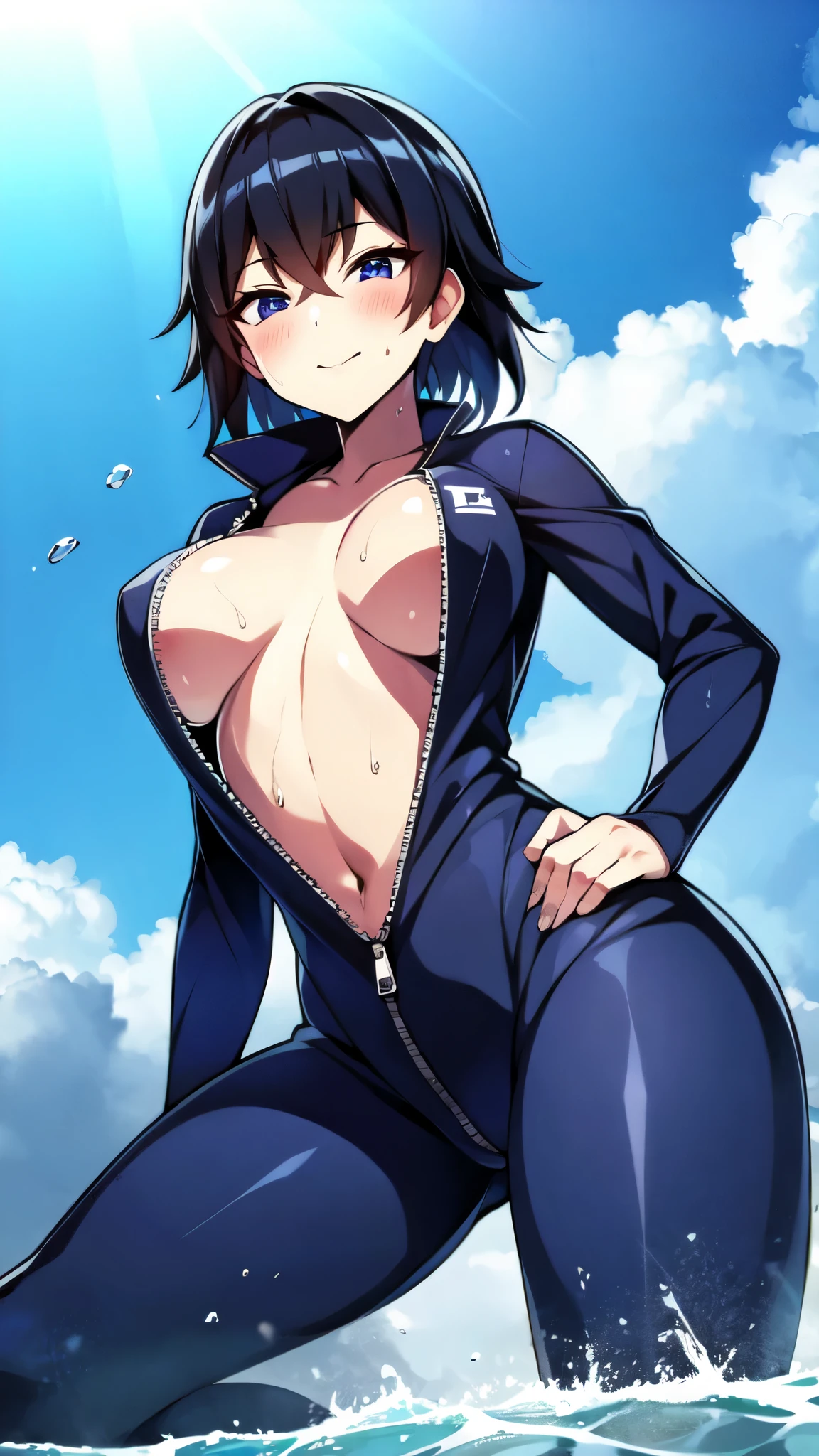 （（super high quality,））（（Ultra-high resolution,））（16K,）（super masterpiece,）（（Ultra HD ,））（Detailed shading,）（（Full Color,））Sea in clear skies,Looking up from below,One Girl,（（A shiny navy blue skin-tight sweatsuit,popped Tight open collar,Long sleeve,））A narrow zipper that stretches from the chin to the navel,sexly,long, straight black hair,Bangs cross in front of the forehead,smile,blush,Sharp eyes,A lot of water splashing from below,Soaking wet,Sweaty,Place one hand on hip,Open your legs a little,Leaning forward greatly,