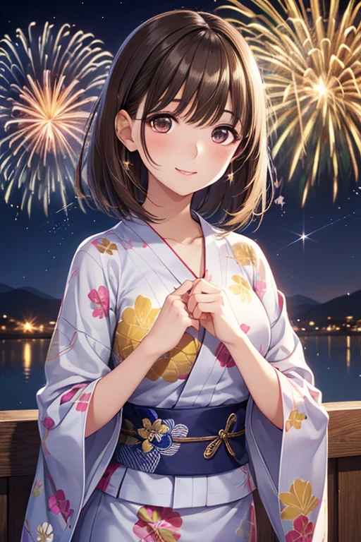 anegasaki nene、Shiny brown hair, short hair, (Beautiful brown eyes、Sparkling eyes, Fine grain)、smile、Ultra-detailed eyes、Highly detailed face, Highly detailed eyes,



(Highest quality:1.2), One girl, firework, yukata, summer, Cowboy Shot, Shoot from the front