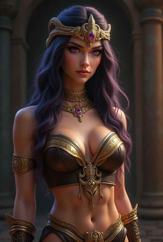 (masterpiece photorealistic digital art:1.3) of a (solo:1.3) ravishing alluring curvy plump indian warrior Sonali bendre , at a overgrown temple ruins, wearing ornate shimmering armour, intricate robes, cape & skirt, battle ready, navel, (flowing wavy backlit hair), cinematic dramatic scene, lustful glance, (captivating kohl lined eyes:1.3), (passionate expression:1.3) apocalyptic magical atmosphere, dramatic lighting, depth of field, backlit, light rays, highly detailed, trending on artstation, paint splashes, rich colour, mythological portrait, by Ron hicks & greg rutkowski