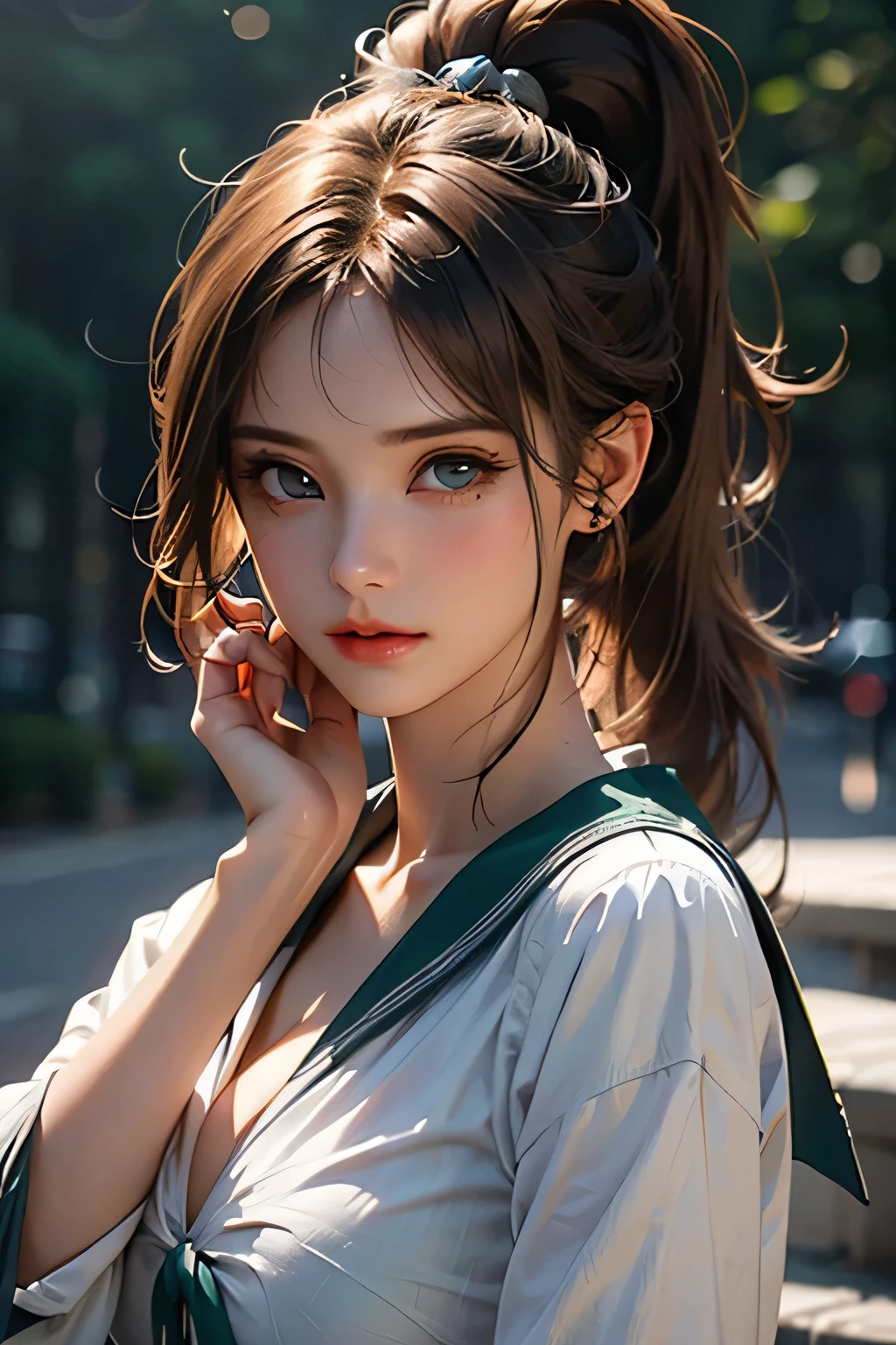 masterpiece, 最high quality, high quality, High resolution, High quality texture, high qualityの影, Attention to detail, Beautiful details, In detail, Highly detailed CG, Detailed Texture, a Realistic representation of the face, Realistic, colorful, delicate, Cinematic Light, Side light, Lens flare, Ray Tracing, Sharp focus, (Intricate details, compensate, Pure Eros Face_v1:0.5), (detailed beautiful delicate face, detailed beautiful delicate eyes, Perfectly balanced face, Attention to detailed skin, Detailed skin, The optimal ratio is four fingers to one thumb, (Large Breasts), (Cleavage), ((Smooth texture, Realistic texture, PhotoRealistic)), (Beautiful eyes in every detail, Beautiful eyelashes, Emerald Eyes), (((Blonde semi-long hair, ponytail))), 1 female, (((Sailor shirt, No sleeve, Front opening))), (((Green mini skirt))),(Beautiful Face, Cute Face, Detailed face), (((sunny))), Perfect Eyes Eyes, Dark brown hair,Exposed skin on shoulders,So that the whole body can be seen,
