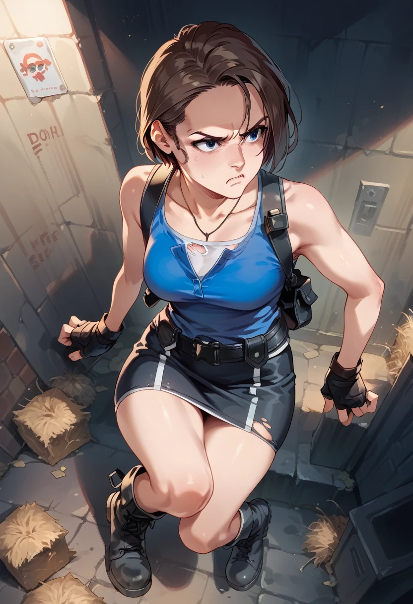 Jill Valentine from the game "Resident Evil", blue blouse torn, black rotted skirt, Boots, shooting in a dark alley, hay zombies, at night, from above, annoyed. 