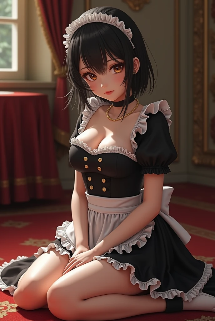 muste piece、masterpiece、highest quality、Super detailed、High resolution、8K portrait、High definition CG of Unity 8k wallpaper、cute type little:1.5、Lori:1.5、Highly detailed CG unity 8k wallpaper、Realistic、real person、 portrait photography、shiny skin、High definition、(:1.2)、(1 girl)、beautiful clear eyes、extremely detailed description、delicate face、nice lips、slender body、(thin waist)、thin legs、(Hallway of the mansion:1.6)、1 girl, cute type, perfect face, seriously, (blush:1.5),(Black hair bun:1.3),(midium breasts:1.2),(Boobs Topless 1.3),(I have nipples:1.2),((Maid clothes:1.3)),(black dress:1.1),(looking at view:1.2),(from front:1.2),gran,((climax in vagina:1.5)),(hands on own mouth:1.2),(knees up)