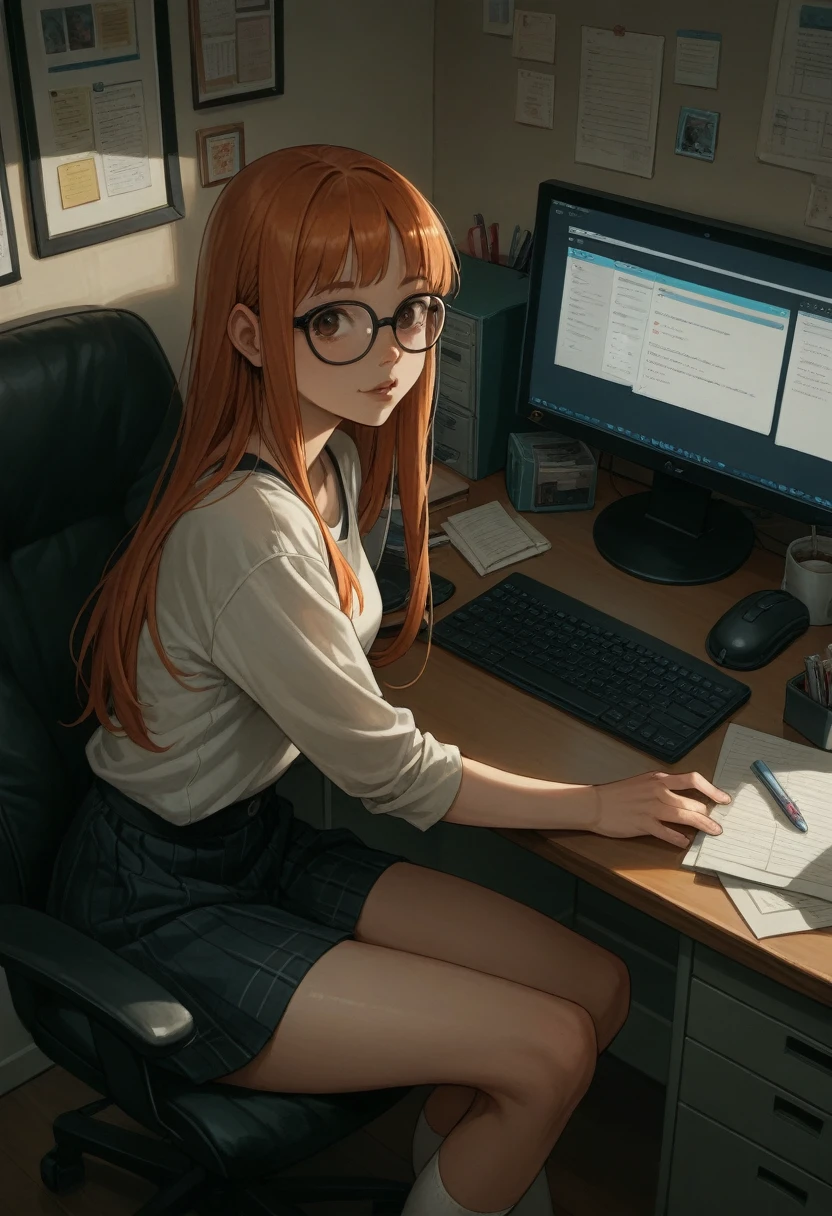 Sakura Futaba from the game "person 5", sitting at her desk, in front of a computer, backwards, looking at the viewer, In a room. 