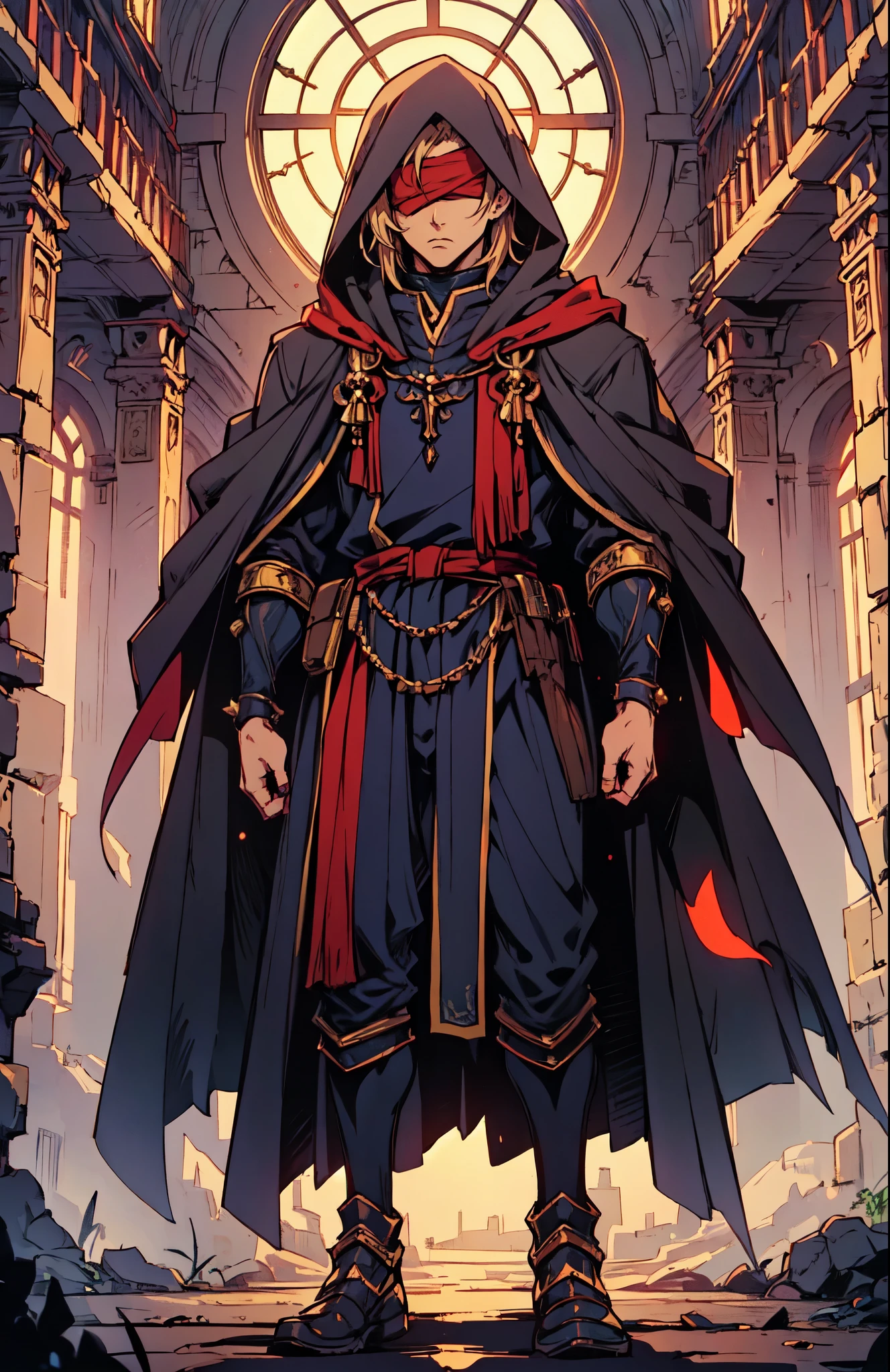(masterpiece:1.2, best quality:1.2, extremely delicate:1.2), ((male:1.5)), a grown man with spiky brown hair, side-parted bangs, (Red blindfold:1.5), a resigned expression, a fantasy-realism style black hooded coat, a tattered gray robe underneath, cloth shoes, he stands within a Medieval Futurism-style temple, this character embodies a finely crafted Medieval Futurism-style priest in anime style, exquisite and mature manga art style, dramatic, high definition, highres, ultra-detailed, ultra-fine painting, professional, perfect body proportions, golden ratio, anatomically correct, symmetrical face, extremely detailed eyes and face, high quality eyes, creativity, RAW photo, UHD, 32k, Natural light, cinematic lighting, (masterpiece-anatomy-perfect:1.2)