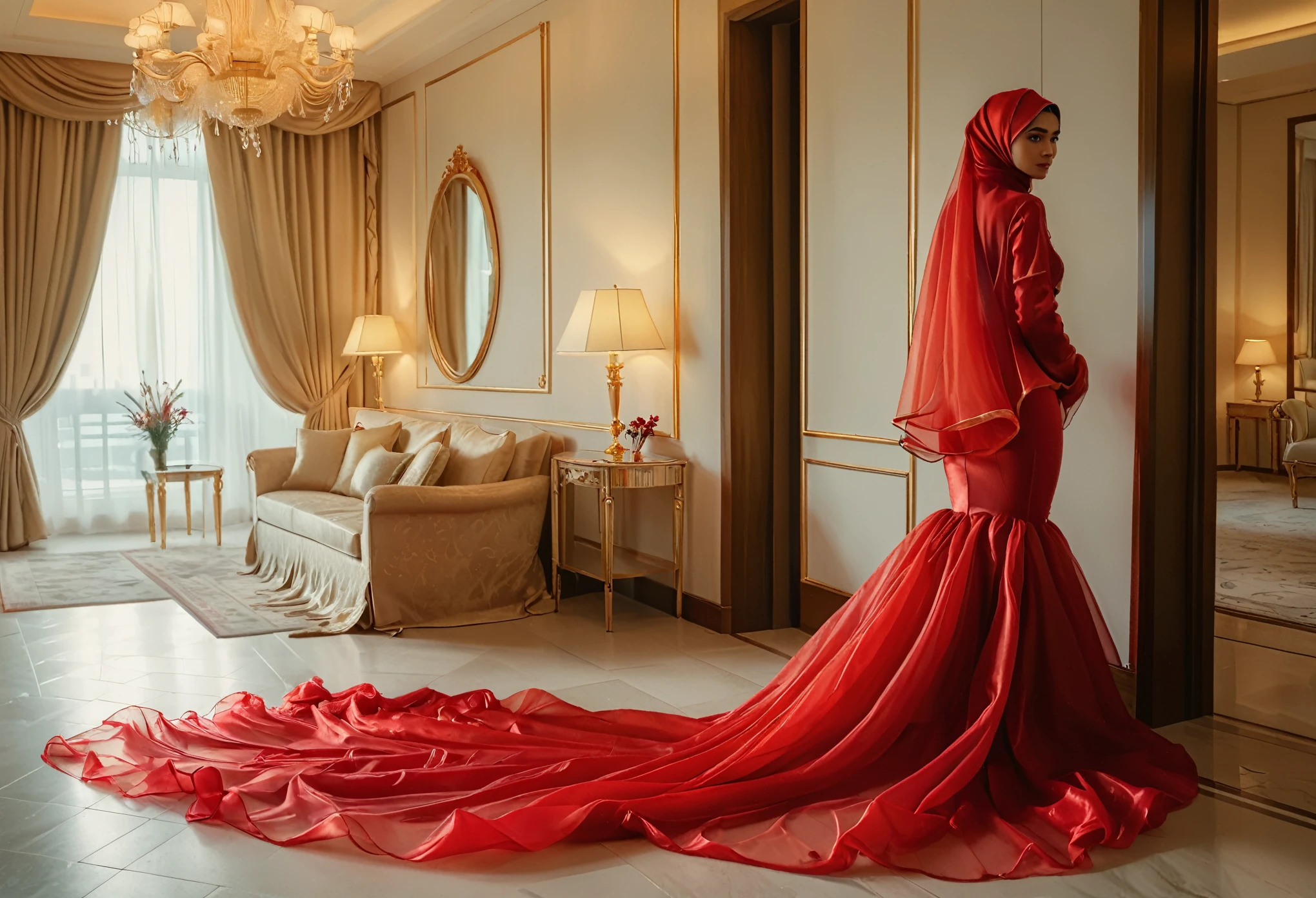 A woman shrouded in 9 meters of red organza fabric, tight wrapped from the waist to the thighs and mermaid shape on the bottom of dress, tied tightly and magnificently draped along her body shape, 9 meter long flowing dress tail on the floor, strugle to handle her dress,styled in mermaid inspired clothing, her head is simply veiled in a satin hijab, 185cm tall woman, standing in luxury hotel room, full body pose conveying an elegant impression, caught on camera in resolution 4k, very realistic