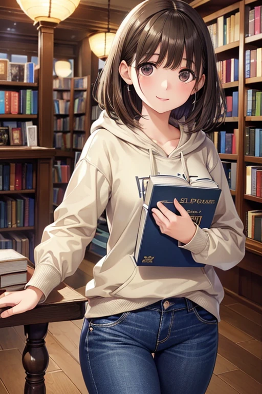 anegasaki nene、Shiny brown hair, short hair, (Beautiful brown eyes、Sparkling eyes, Fine grain)、smile、Ultra-detailed eyes、Highly detailed face, Highly detailed eyes,



(Highest quality:1.2), One girl, Black hoodie、Denim pants、((There are many books in the bookstore))