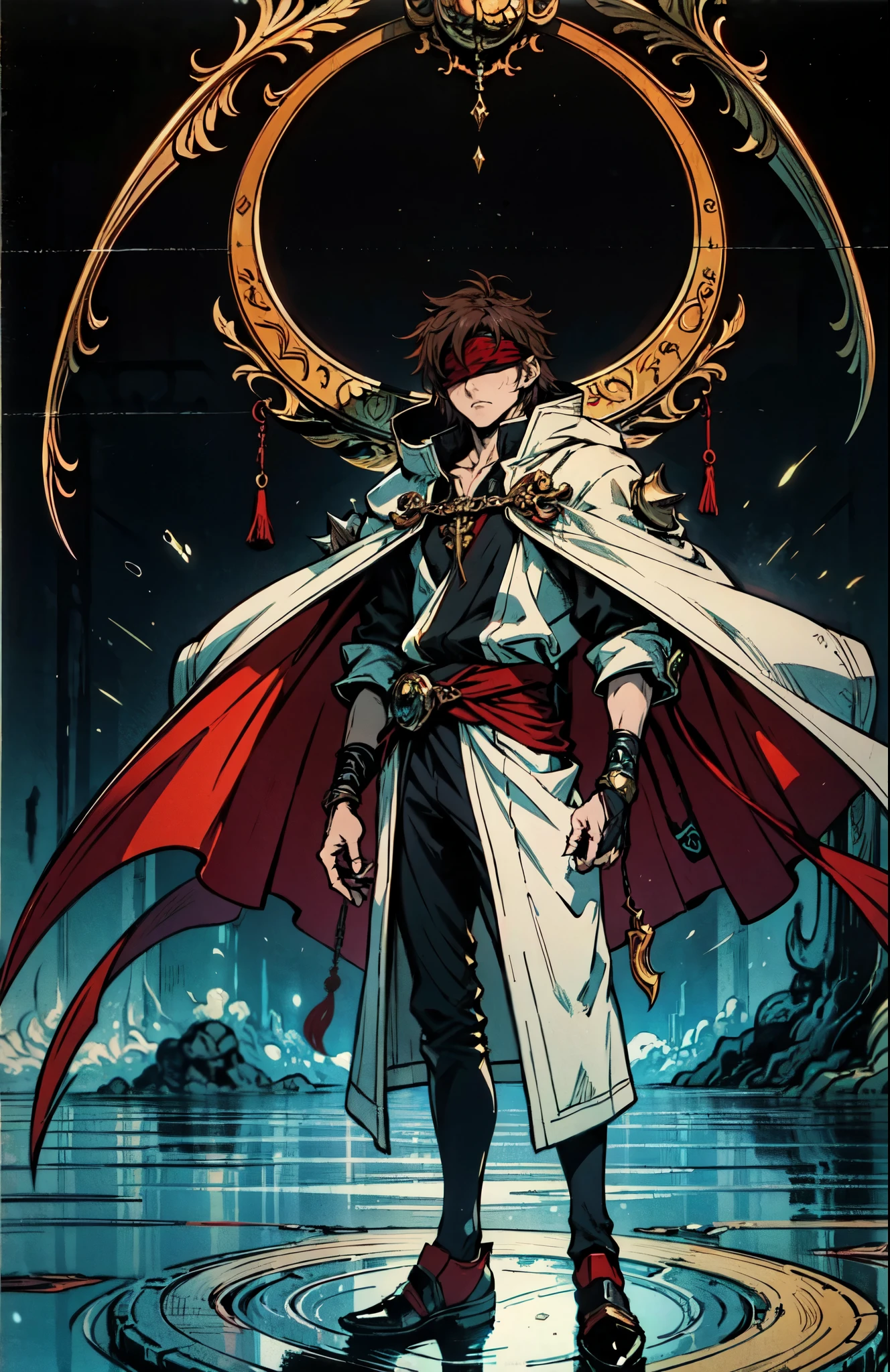 (masterpiece:1.2, best quality:1.2, extremely delicate:1.2), ((male:1.5)), a grown man with spiky brown hair, side-parted bangs, (Red blindfold:1.5), a resigned expression, a fantasy-realism style black hooded coat, a tattered gray robe underneath, cloth shoes, he stands within a Medieval Futurism-style temple, this character embodies a finely crafted Medieval Futurism-style priest in anime style, exquisite and mature manga art style, dramatic, high definition, highres, ultra-detailed, ultra-fine painting, professional, perfect body proportions, golden ratio, anatomically correct, symmetrical face, extremely detailed eyes and face, high quality eyes, creativity, RAW photo, UHD, 32k, Natural light, cinematic lighting, (masterpiece-anatomy-perfect:1.2)
