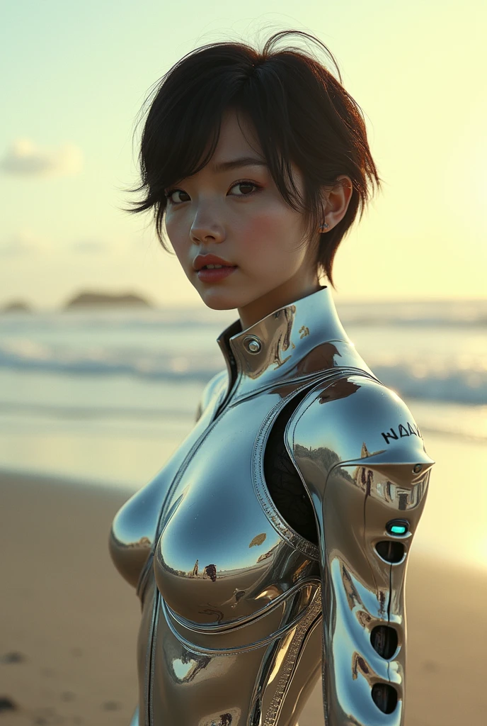 Best quality, delicate face, 25-year-old girl, slim body, mechanical body, robot skeleton, seaside, standing, beach, there are huge alien spaceships floating in the air, cyberpunk, sci-fi
