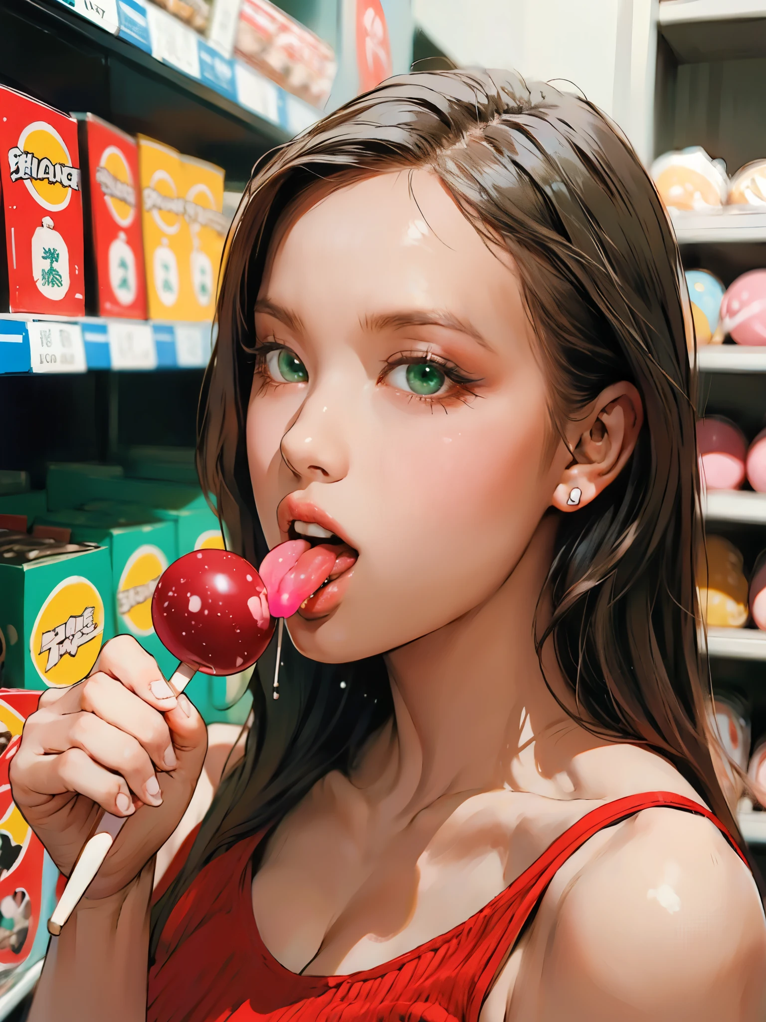 girl, medium wide shot, from side, holding ****pop candy, (licking ****pop:1.4), convinience store, detailed face, looking at viewer, chin tilt, long straight hair, side swept bangs, red tank top, sideboob, (large breasts:1.4), dripping saliva, vintage film grain, stunning, green eyes, complex, sharp focus, beautiful, best quality, best shadow, cinematic, masterpiece,