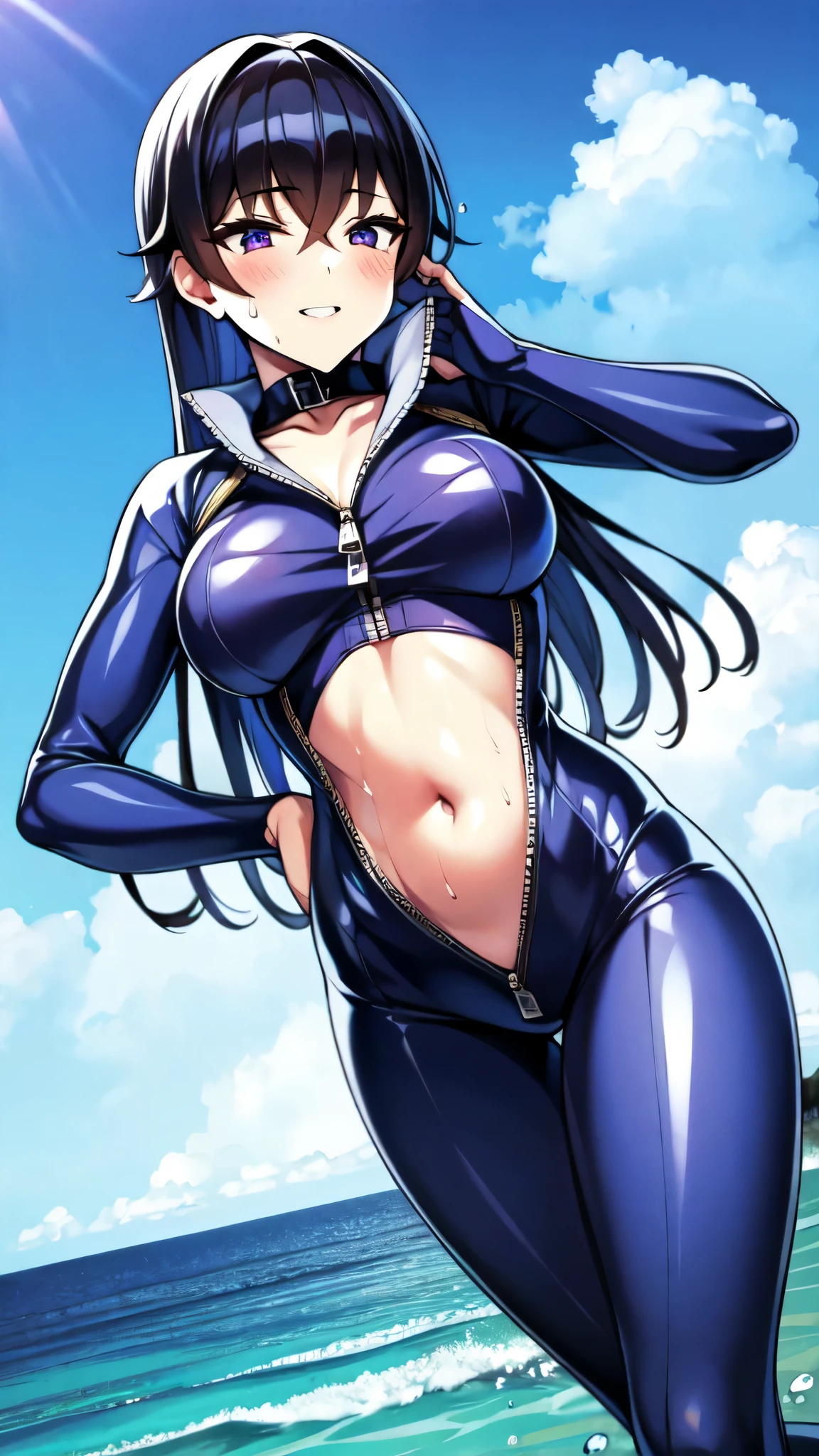 （（super high quality,））（（Ultra-high resolution,））（16K,）（super masterpiece,）（（Ultra HD ,））（Detailed shading,）（（Full Color,））Sea in clear skies,Looking up from below,One Girl,（（A shiny navy blue skin-tight sweatsuit,popped Tight open collar:1.6,Long sleeve,））（A narrow zipper that stretches from the chin to the navel:1.7,）sexly,（Straight black long hair）,Bangs cross in front of the forehead,smile,blush,Sharp eyes,A lot of water splashing from below,Soaking wet,Sweaty,Open your legs a little,Leaning forward greatly,Place your hand on your chest,