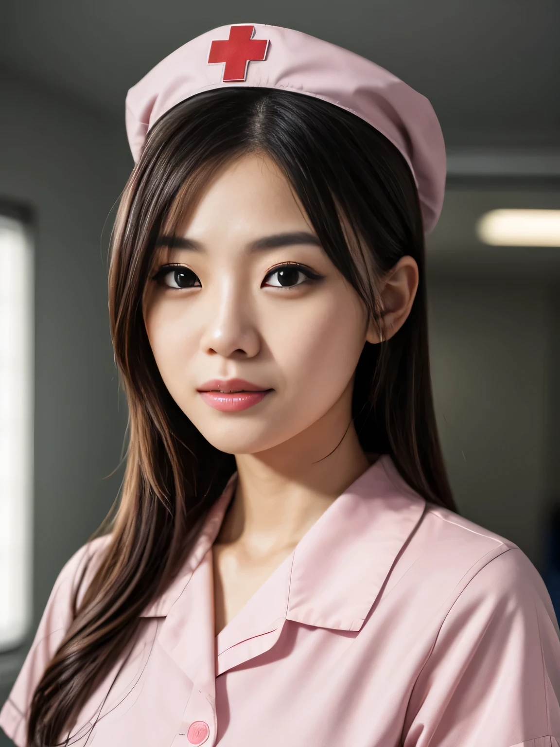 a beautiful young japanese female nurse, nurse uniform, nurse cap, beautiful detailed eyes, beautiful detailed lips, extremely detailed face and eyes, long eyelashes, standing in a hospital, hospital environment, hospital room, bright lighting, realistic, photorealistic, photo-realistic, best quality, 4k, 8k, highres, masterpiece, ultra-detailed, vivid colors, studio lighting, physically-based rendering, professional
