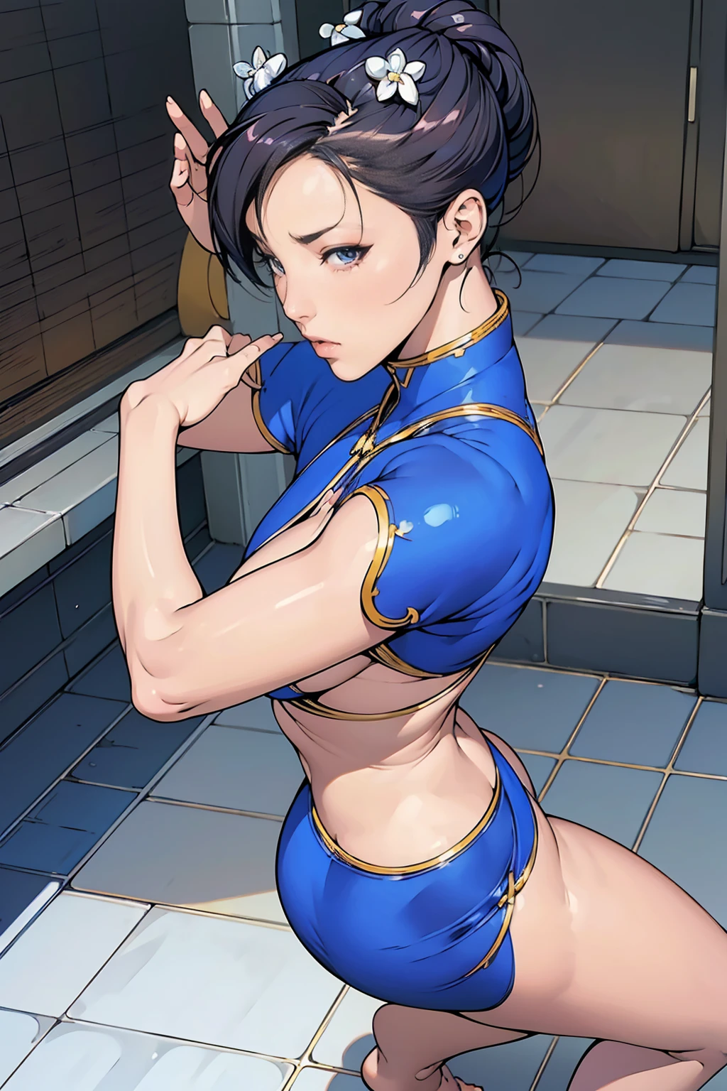 ((A woman modeled after the character Chun-Li)), , Medium Hips, Bright Eyes, Very flashy,Huge breasts, Puffy nipples, tight, ((ultra Realist)), TM Ninja White, icon, cores Vibrants, Vector Style, Digital Art, 4K, Intricate details, charm, Professionally done, Beautiful vector illustration, 12k resolution, ..3d, Detailed description of all characters, ((Very detailed)), ((Vibrant)),((super high quality)), ((Hyperrealism)), ((Photorealism)), [Octane Rendering] , In the city, Lots of cars (Realist), Very detailed,back view