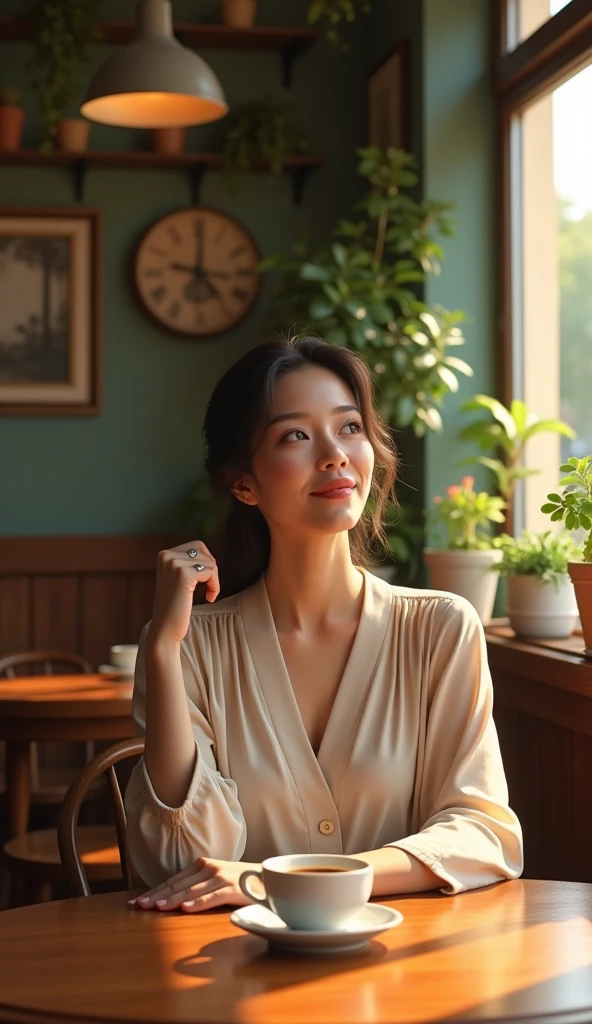 a cozy coffee shop, 1 woman sitting at a table, steaming hot cup of coffee, wooden table and chairs, warm lighting, vintage decor, potted plants, sunlight streaming through windows, detailed facial features, elegant dress, relaxed expression, high quality, detailed lighting, cinematic, photorealistic, award-winning, vibrant colors, serene atmosphere