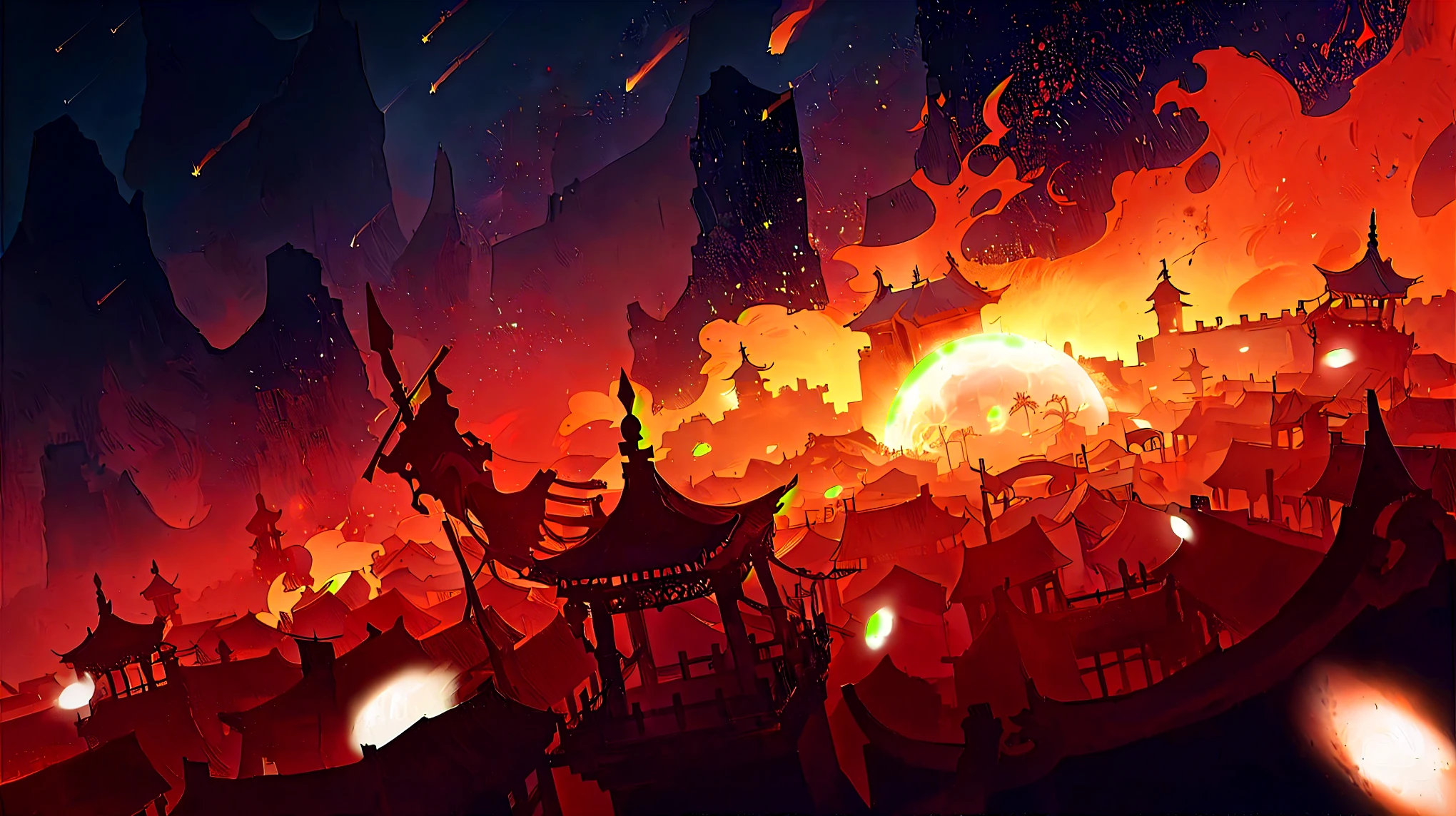 Epic scene of an ancient city under siege with flaming meteors raining down, illuminating the sky. hd, vector, illustrated, hd, 4k detailed, high quality, flames
